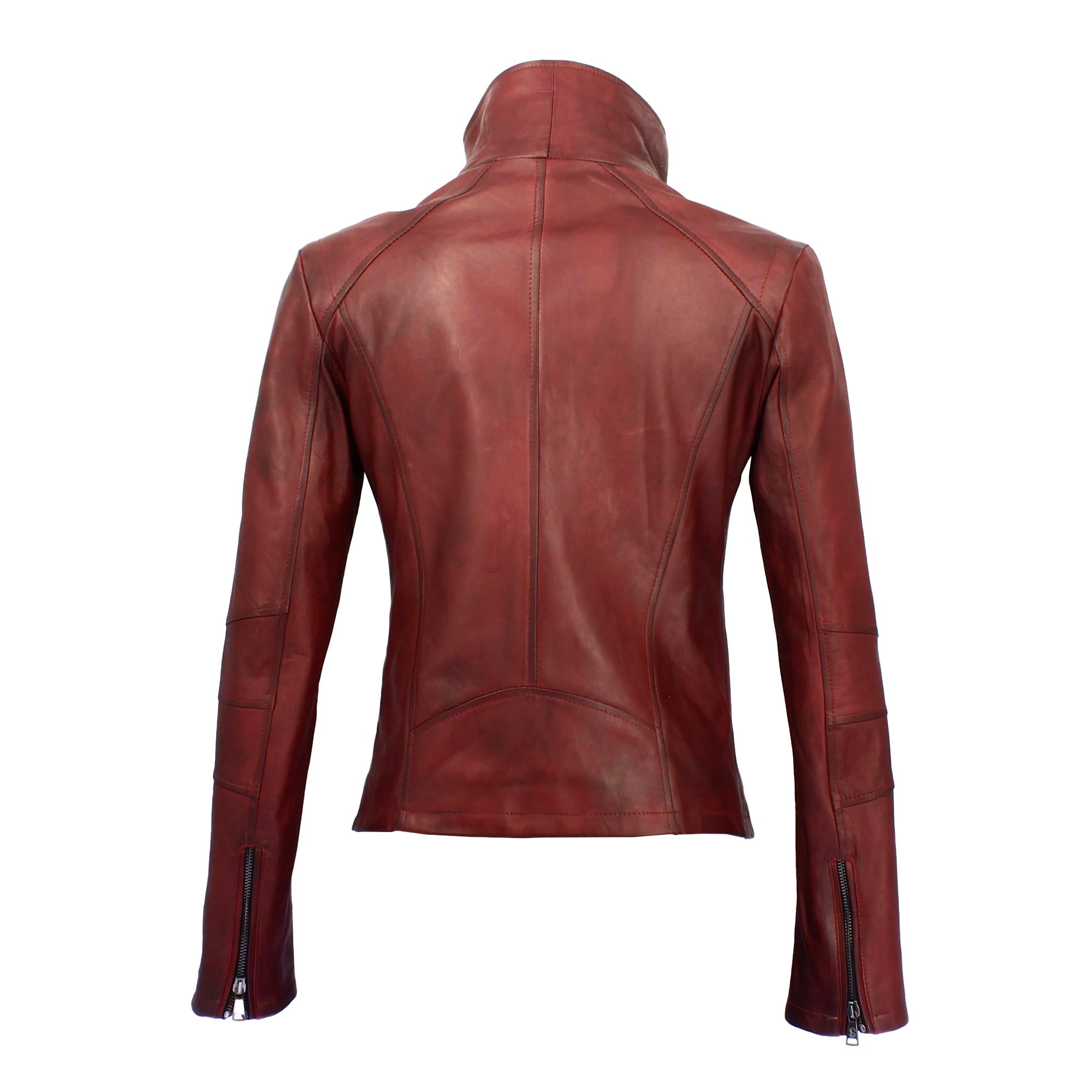 Women's burgundy leather jacket with high collar and double breasted