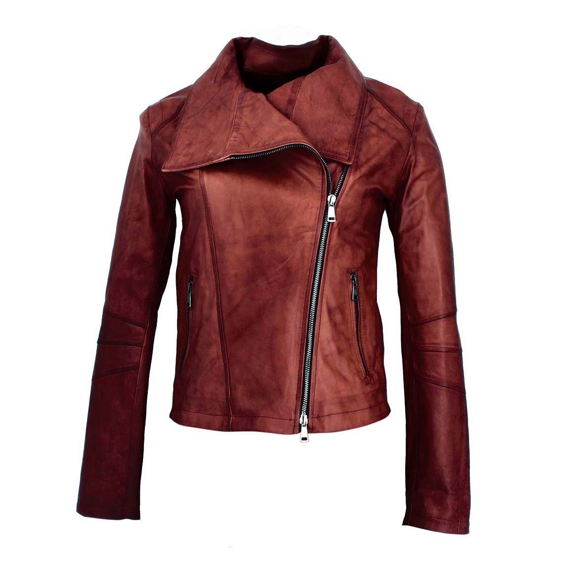 Women's burgundy leather jacket with high collar and double breasted