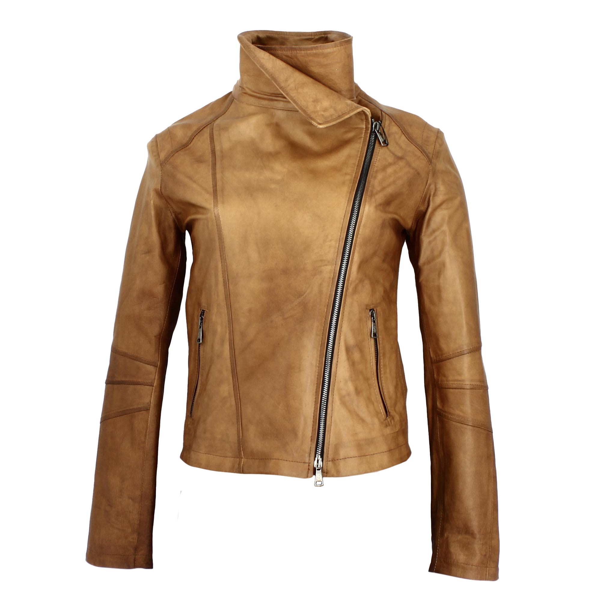 Women's brown leather jacket with high collar and double breasted