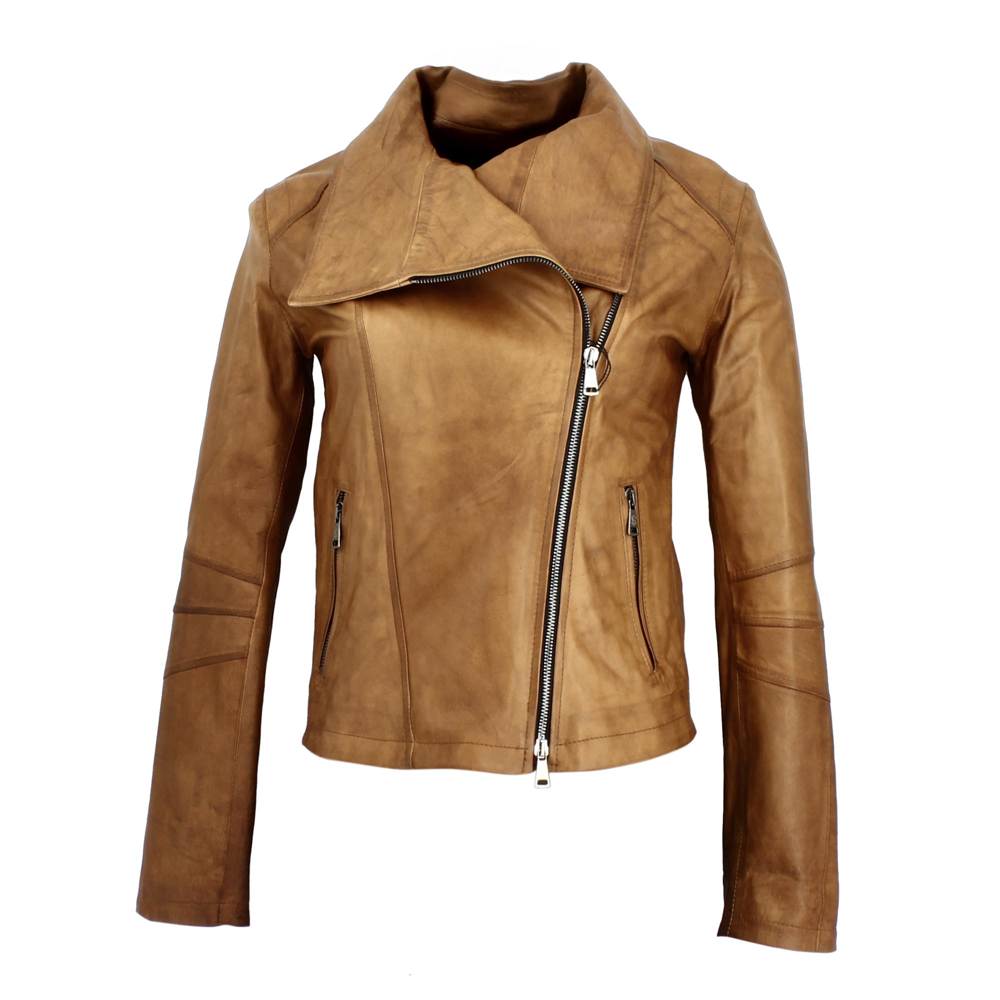 Women's brown leather jacket with high collar and double breasted