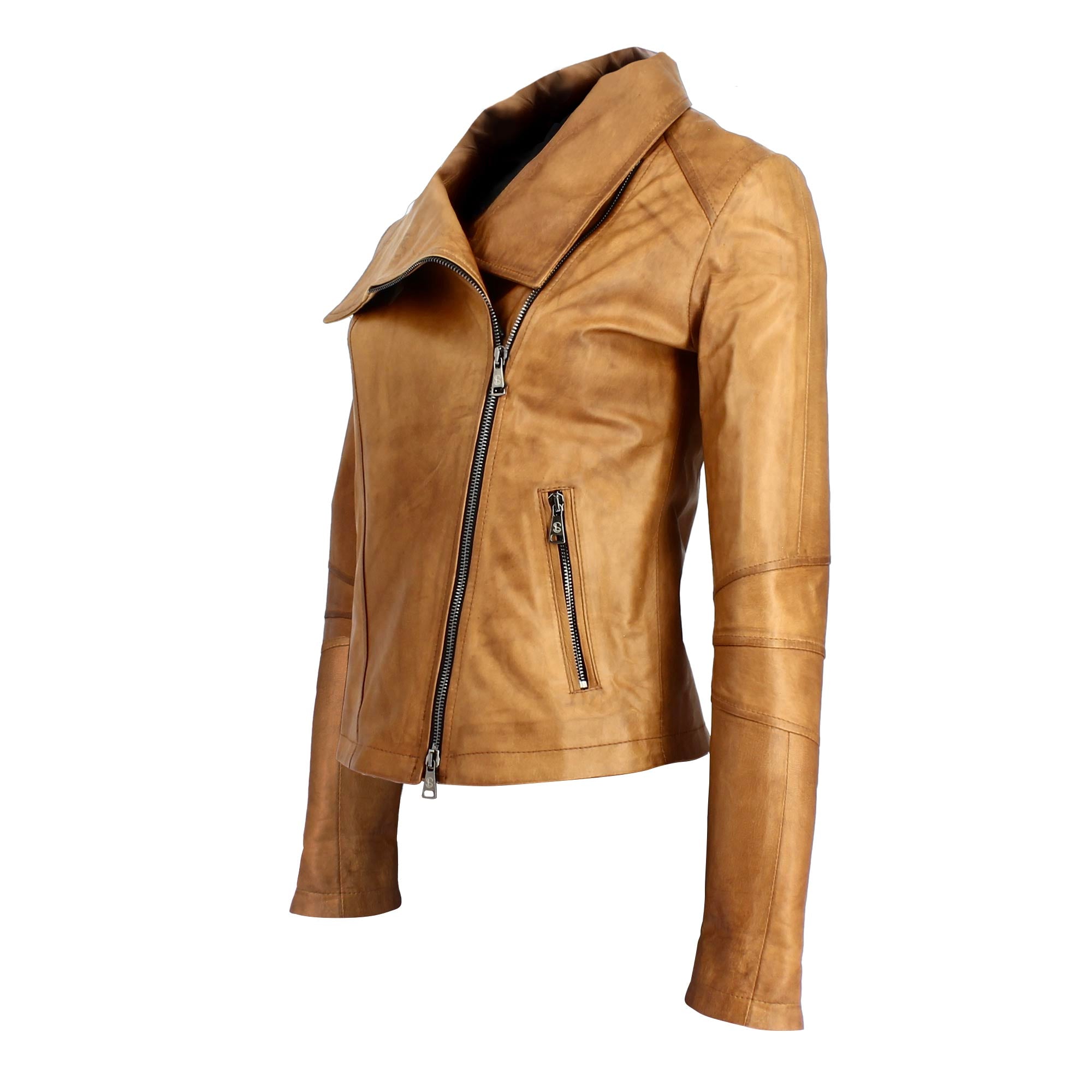 Women's brown leather jacket with high collar and double breasted