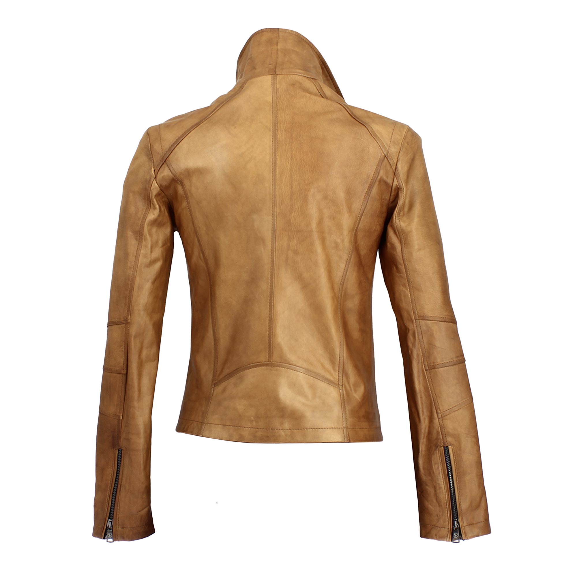 Women's brown leather jacket with high collar and double breasted