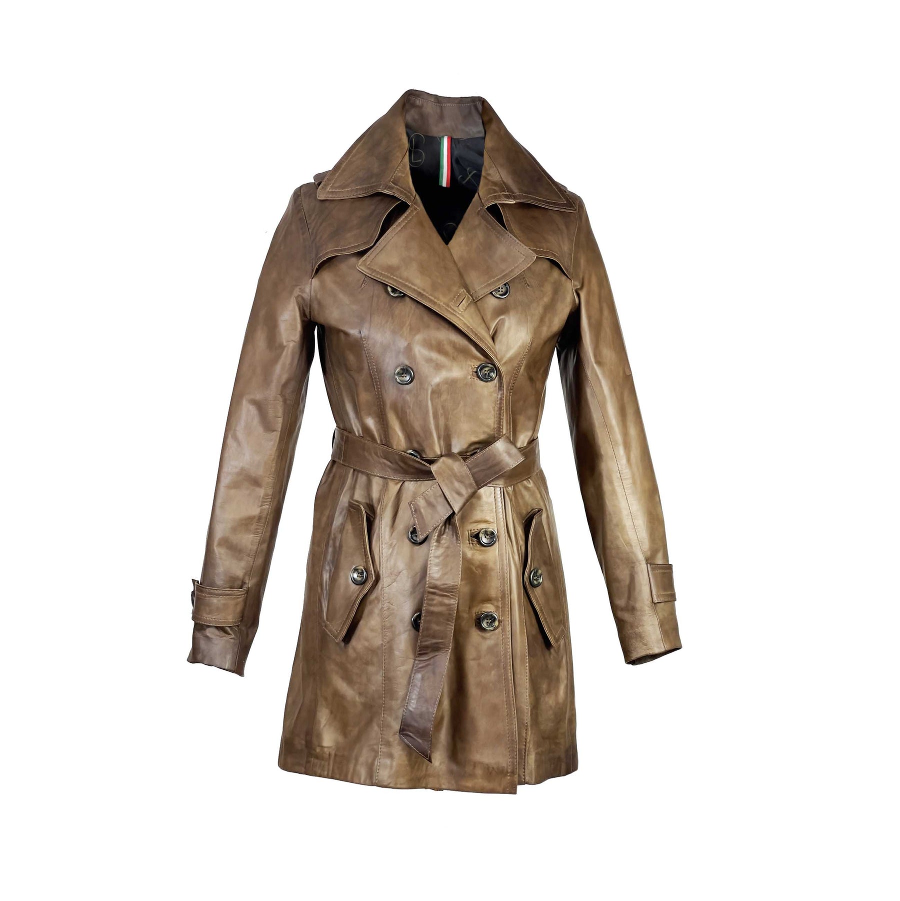 Women's trench style jacket in high quality brown leather