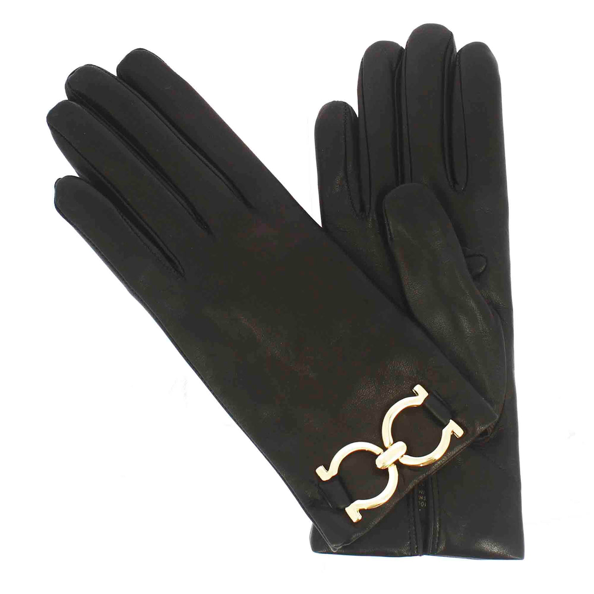 Women's glove in black leather with gold horsebit and cashmere lining