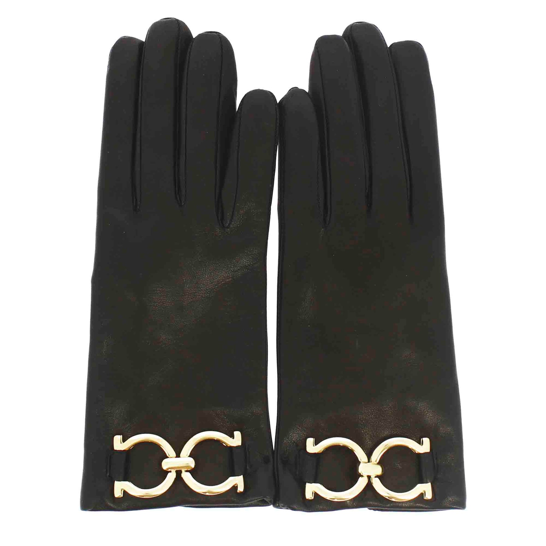 Women's glove in black leather with gold horsebit and cashmere lining