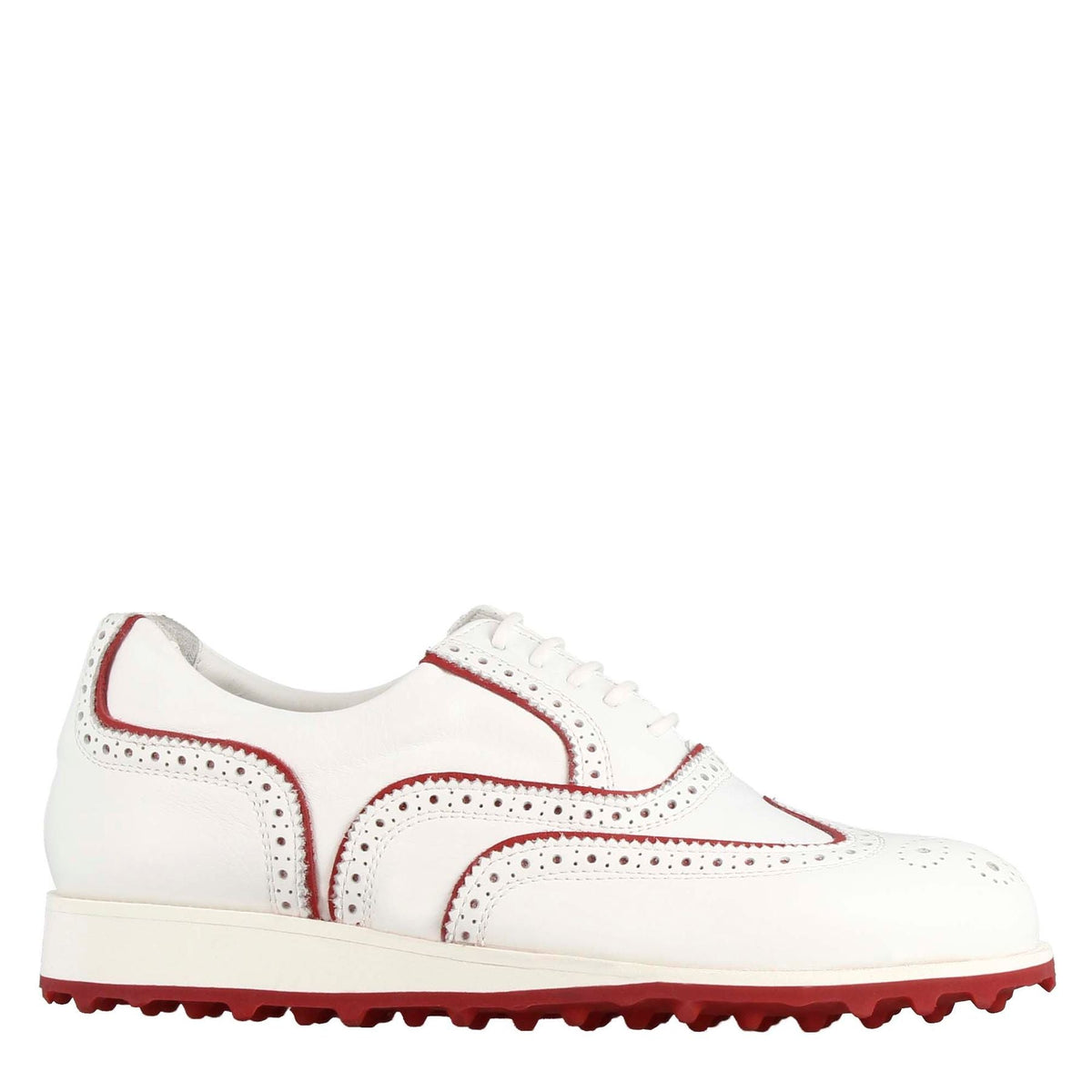 Handgefertigte Damen-Golfschuhe aus weißem Leder mit roten Verzierungen