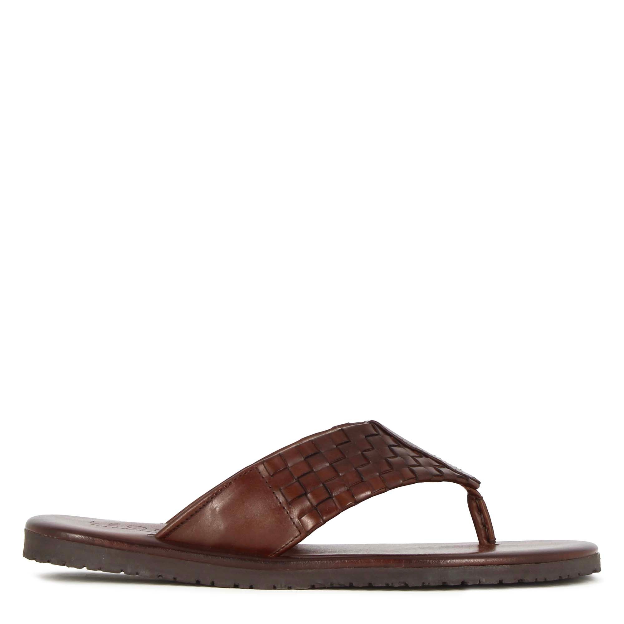 Handmade brown braided leather men's flip flops