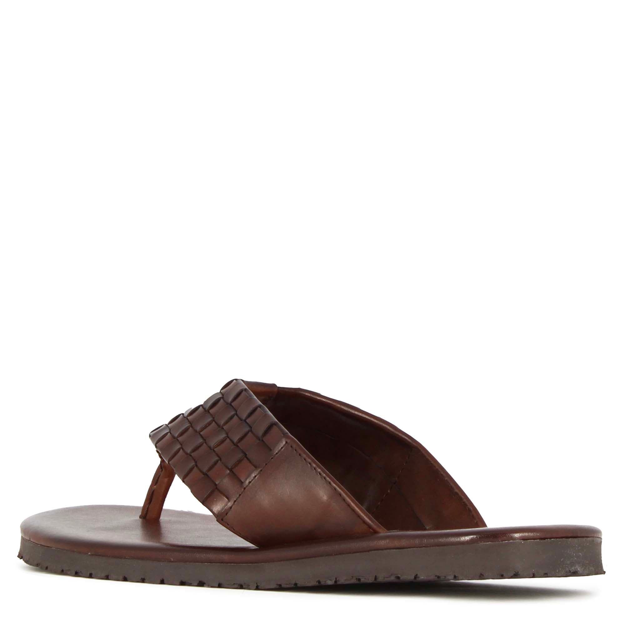 Handmade brown braided leather men's flip flops