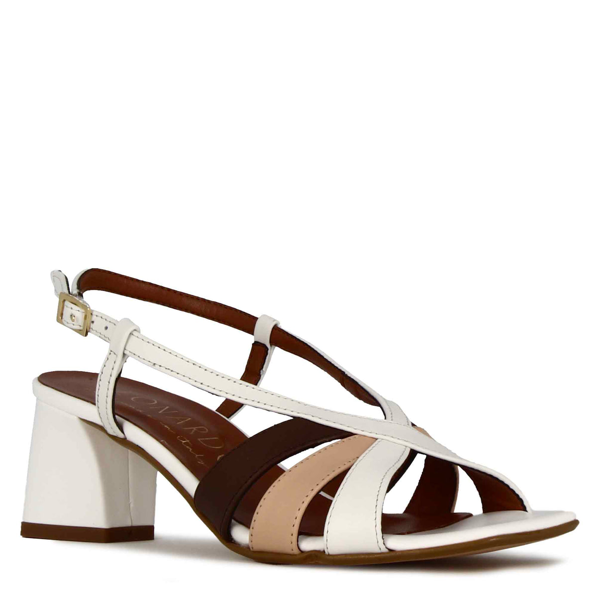 Classic women's sandal in white leather with multicolored bands