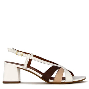 Classic women's sandal in white leather with multicolored bands