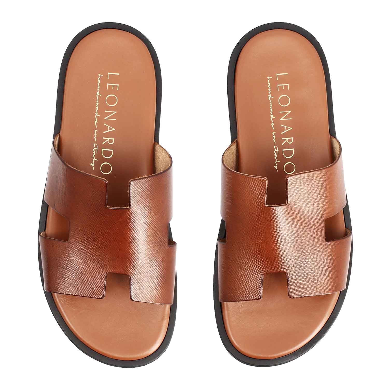 Men's H-shaped sandals in brown printed leather handmade