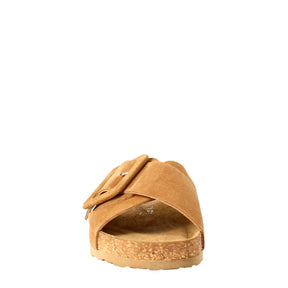 Braune Damen-Sandale aus Wildleder mit doppeltem Riemen und Schnalle
