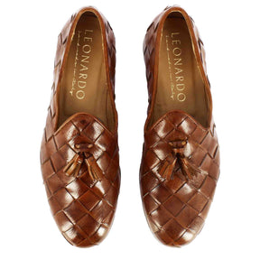 Men's loafers with tassels in light brown woven leather