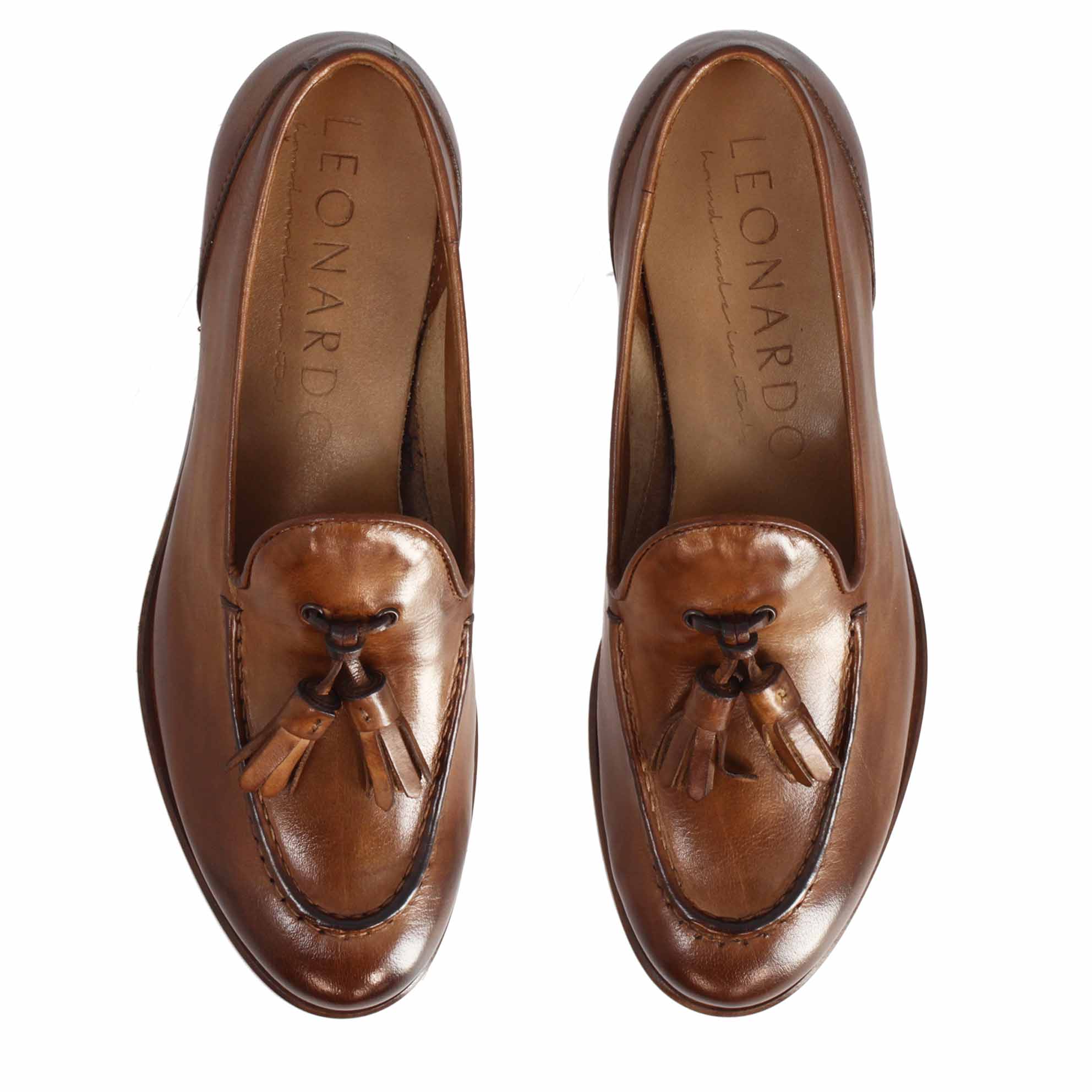 Mocassins à pampilles en cuir marron faits main pour femmes