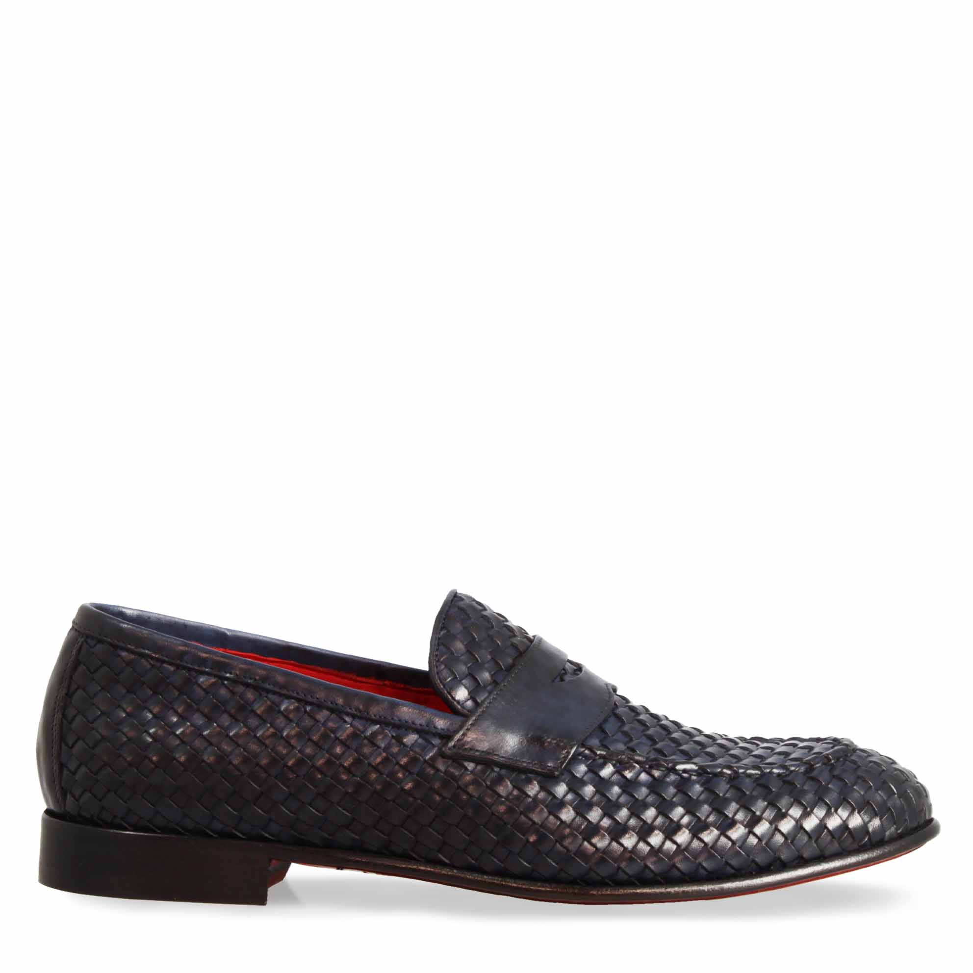 Mocassins pour hommes faits à la main en cuir tressé bleu