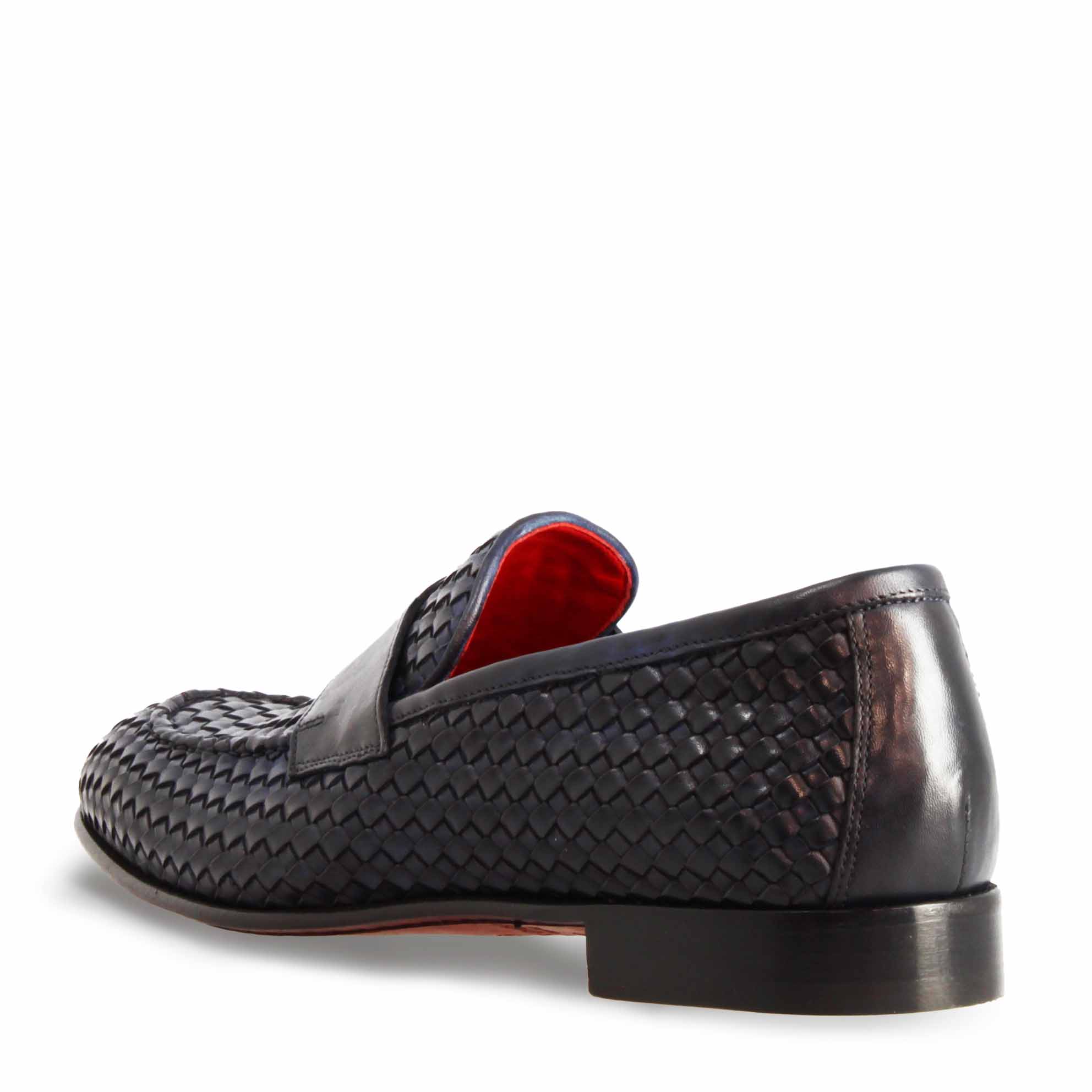 Mocassins pour hommes faits à la main en cuir tressé bleu