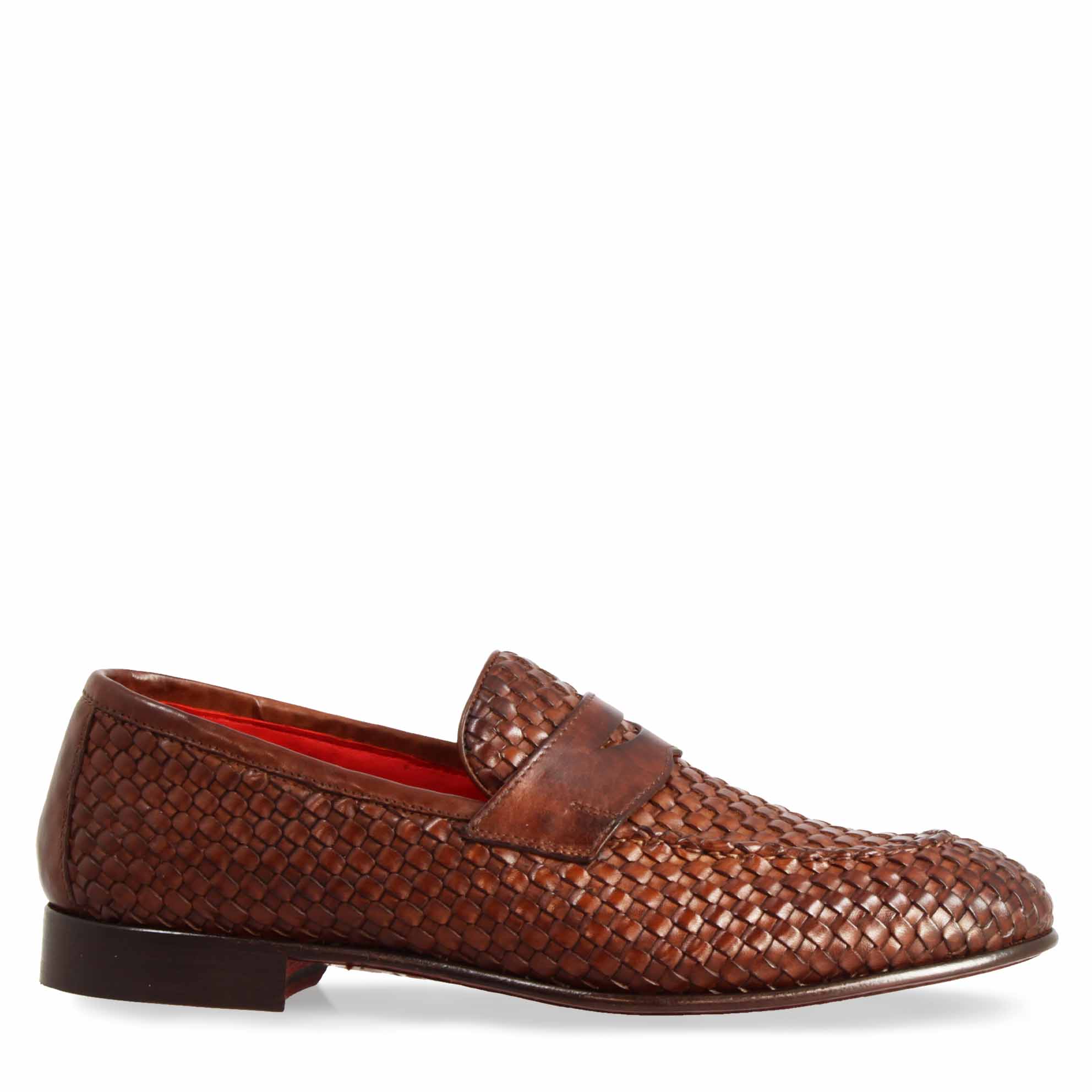 Mocassins pour hommes faits à la main en cuir tressé marron