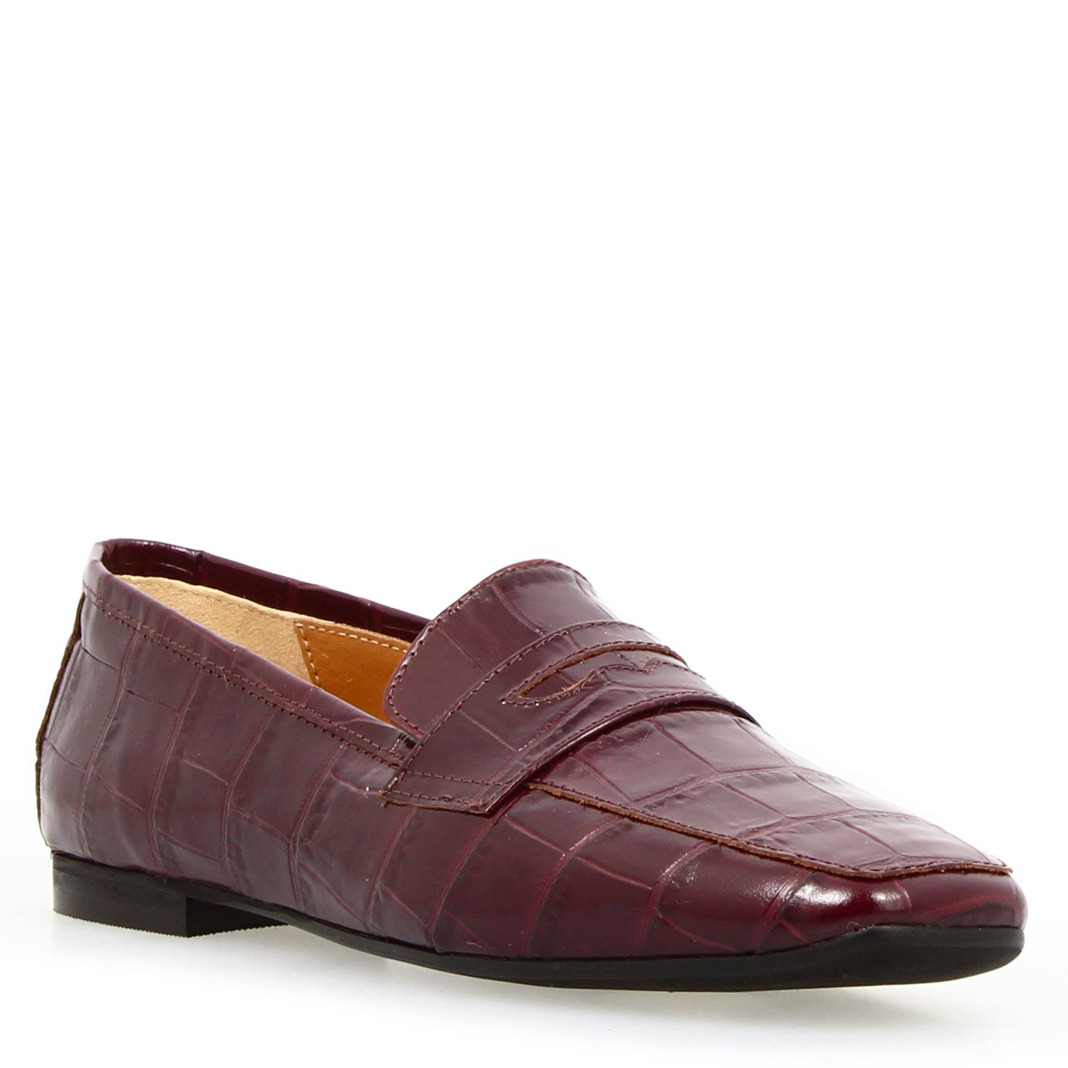 Women's handmade moccasin in burgundy crocodile-print leather
