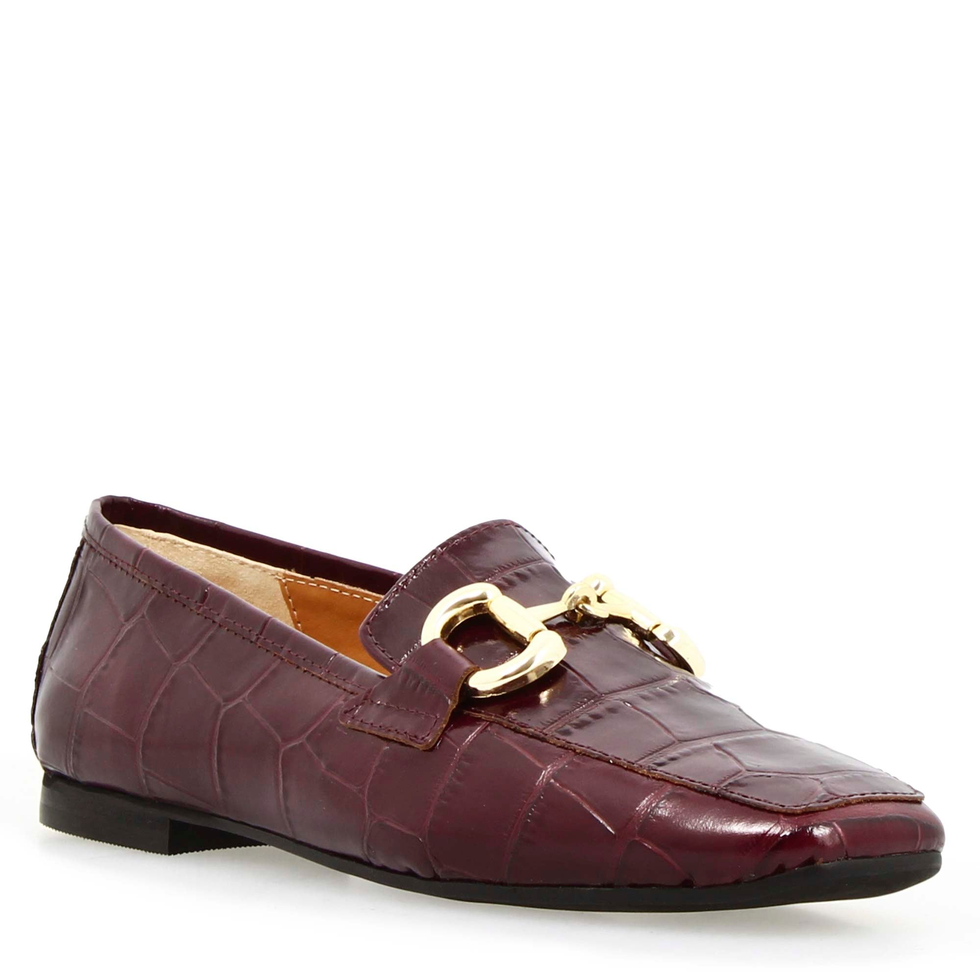 Mocassino artigianale da donna in pelle stampa cocco bordeaux con morsetto