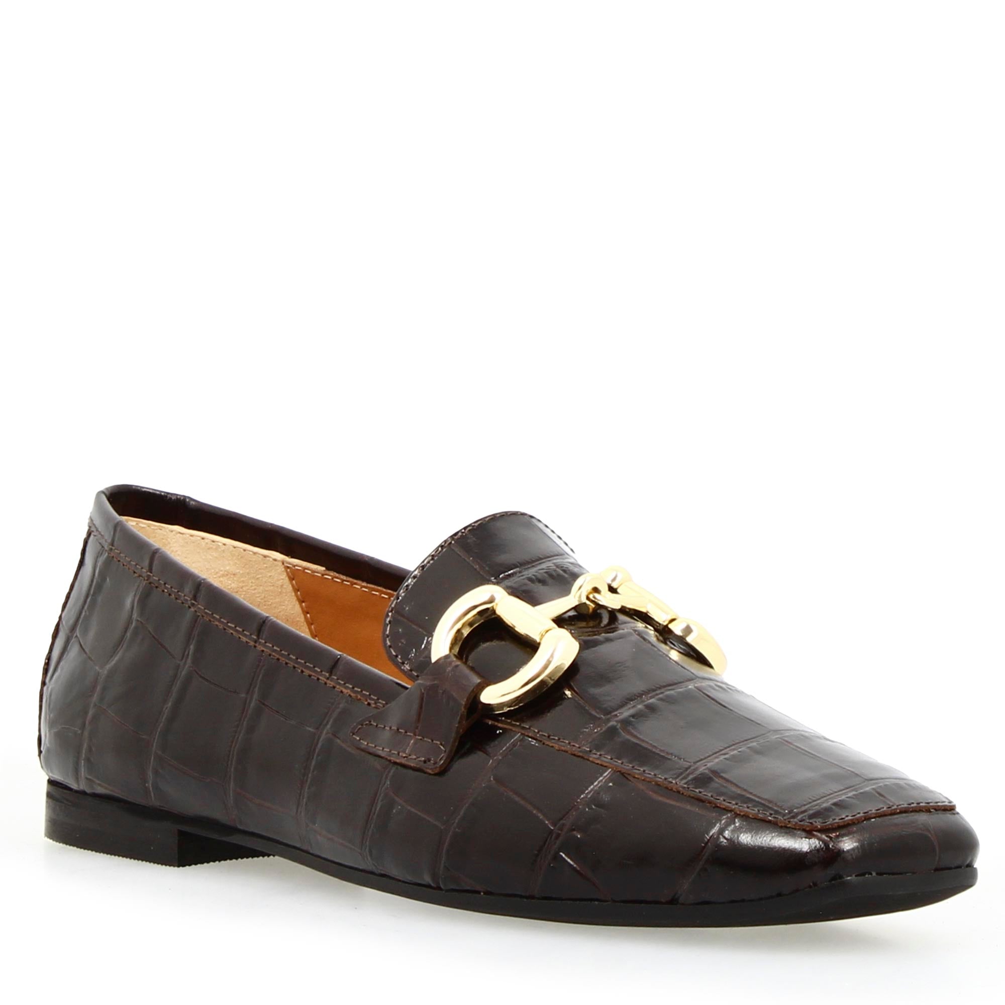 Women's handmade moccasin in brown croco print leather