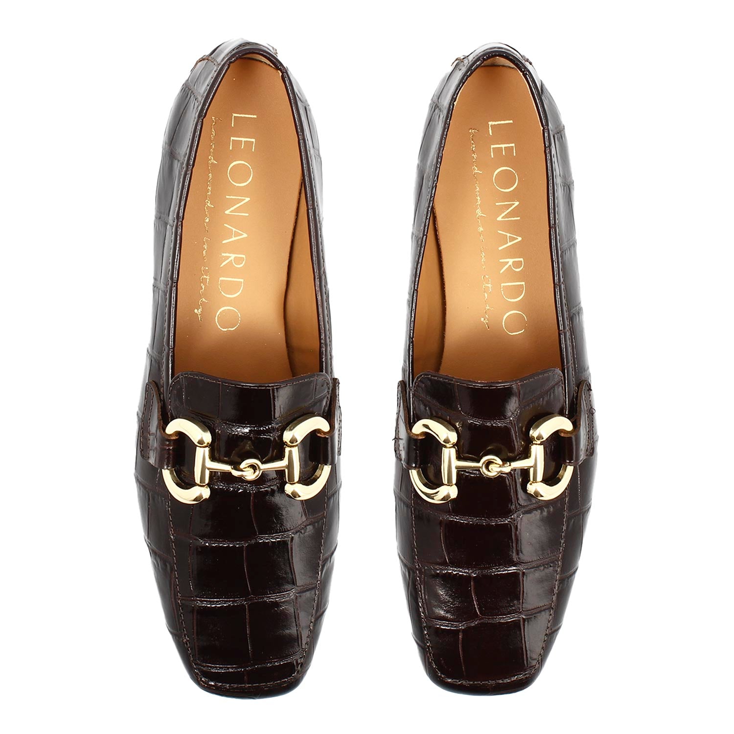 Women's handmade moccasin in brown croco print leather