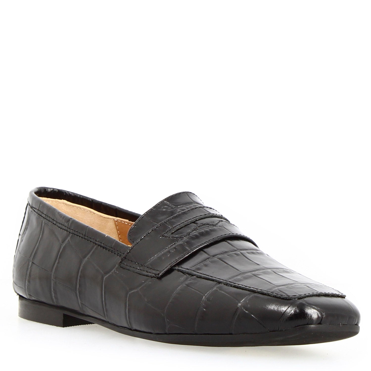 Women's handmade moccasin in black croco print leather