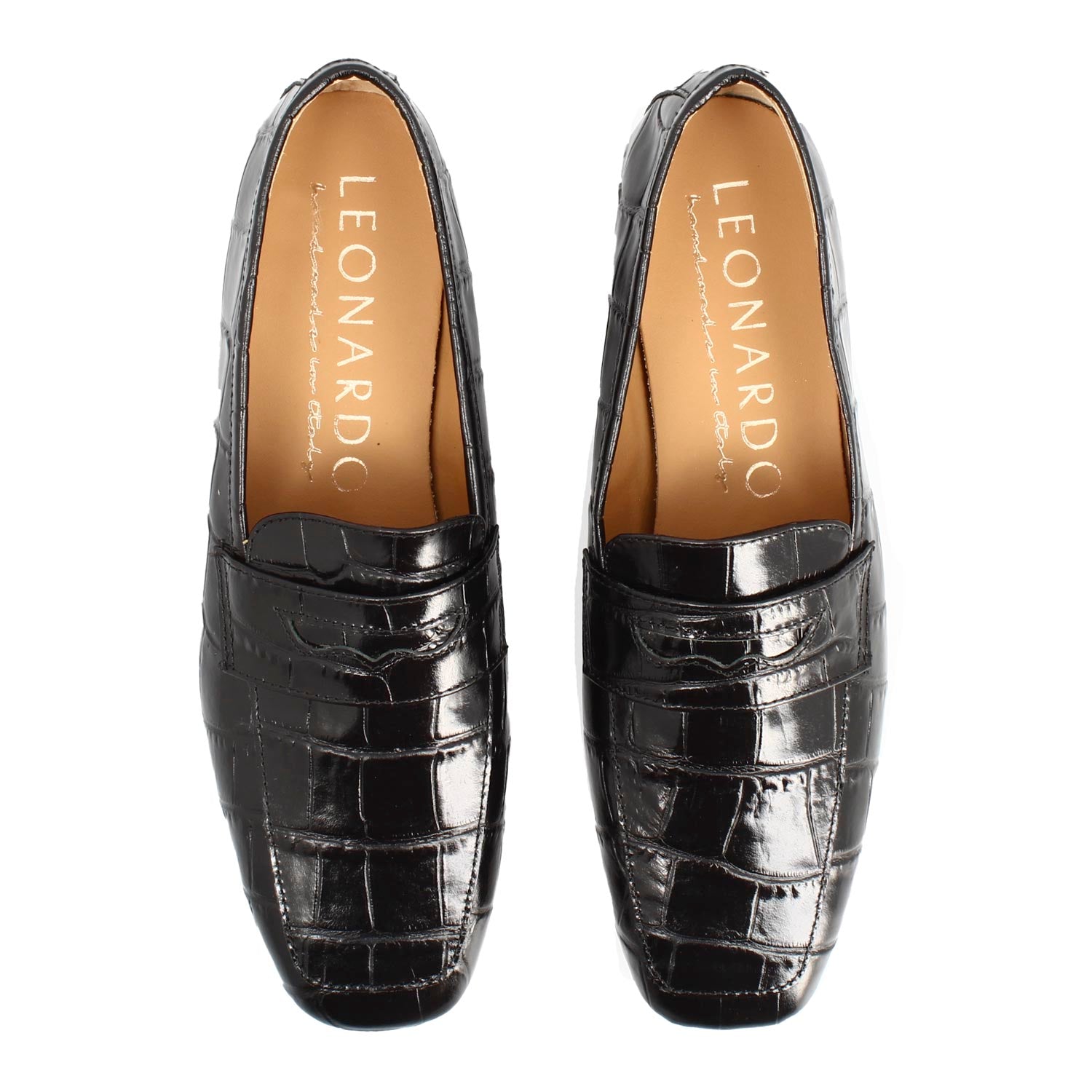 Women's handmade moccasin in black croco print leather