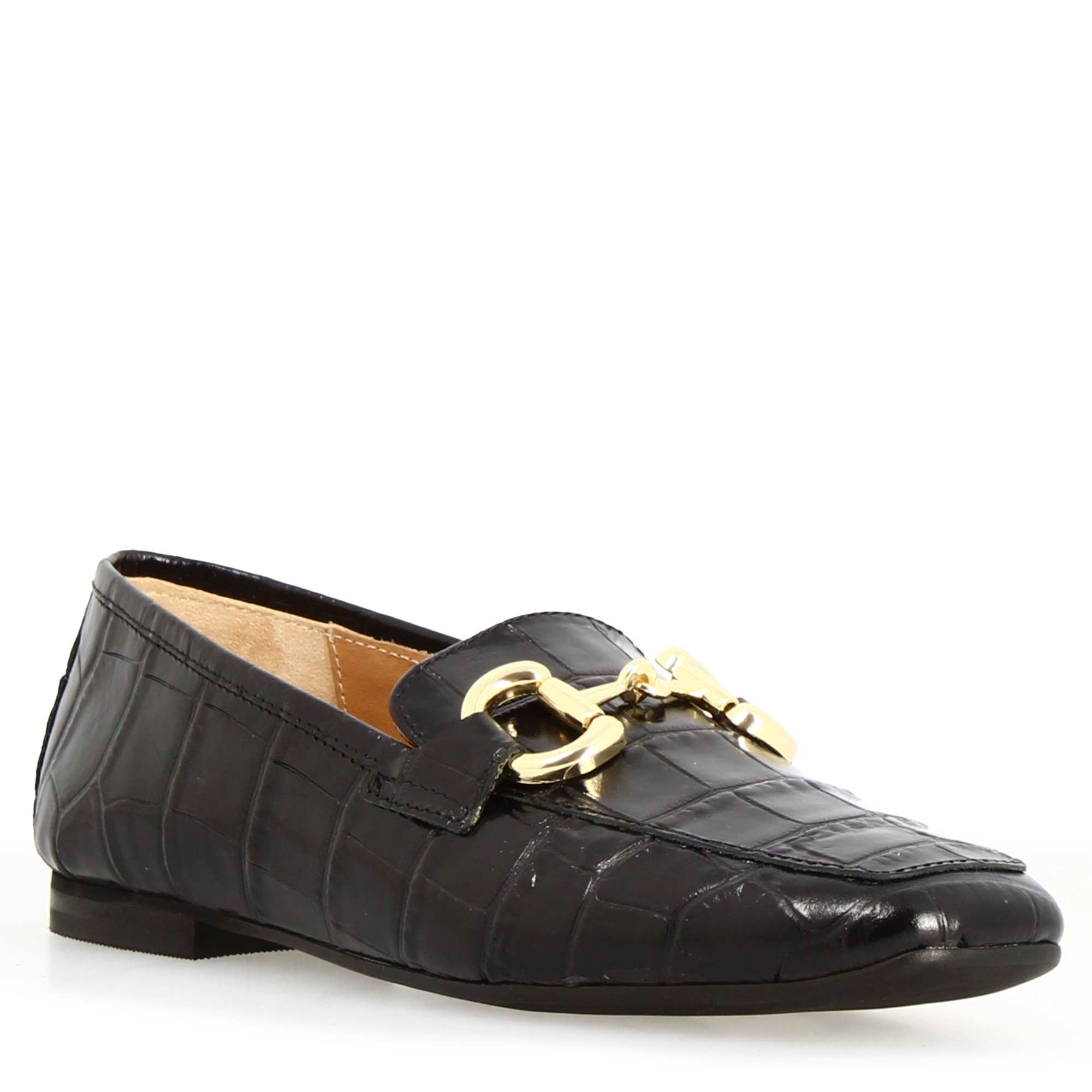Women's handmade moccasin in black croco print leather with horsebit