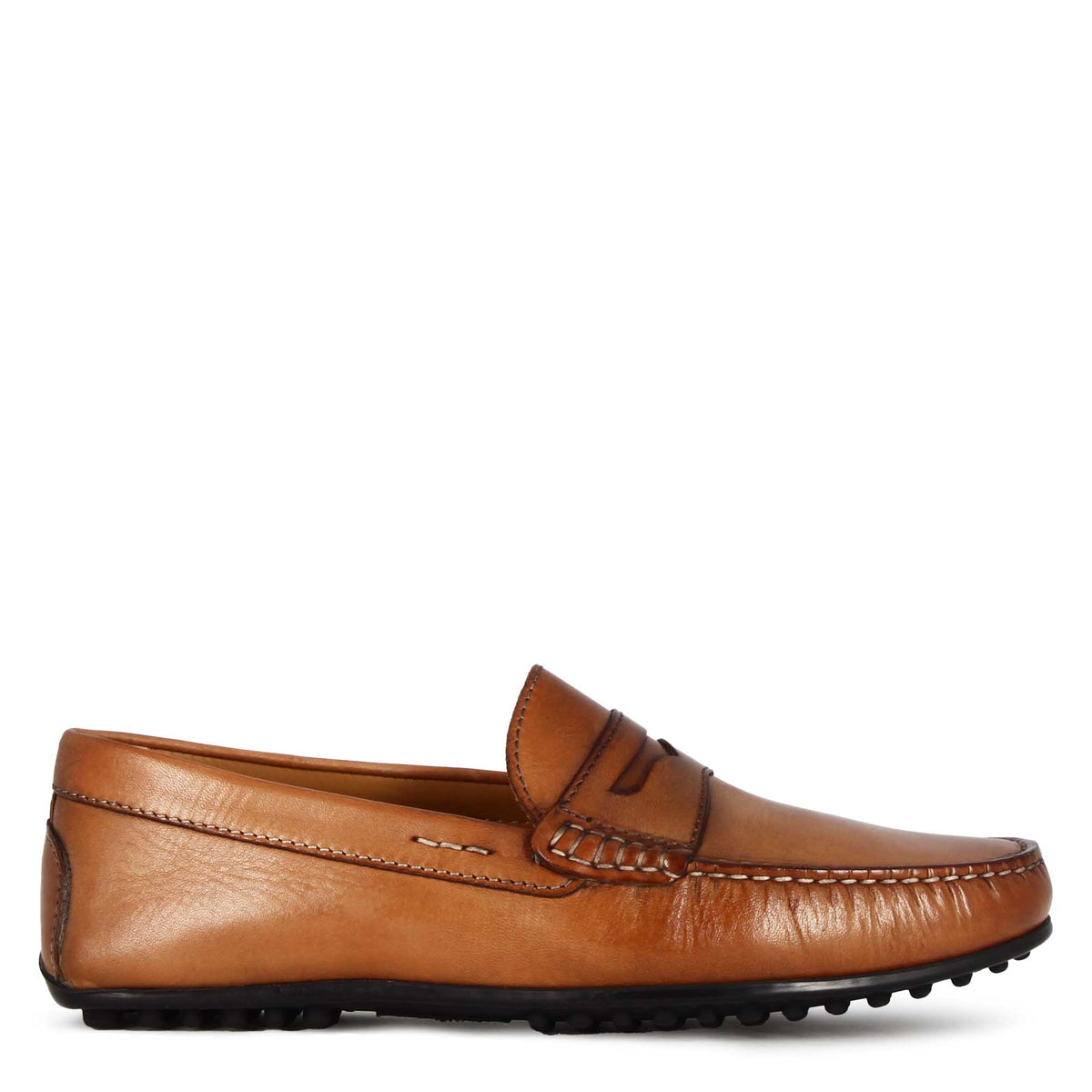 Men's casual handmade moccasin in brown leather with rubberised sole