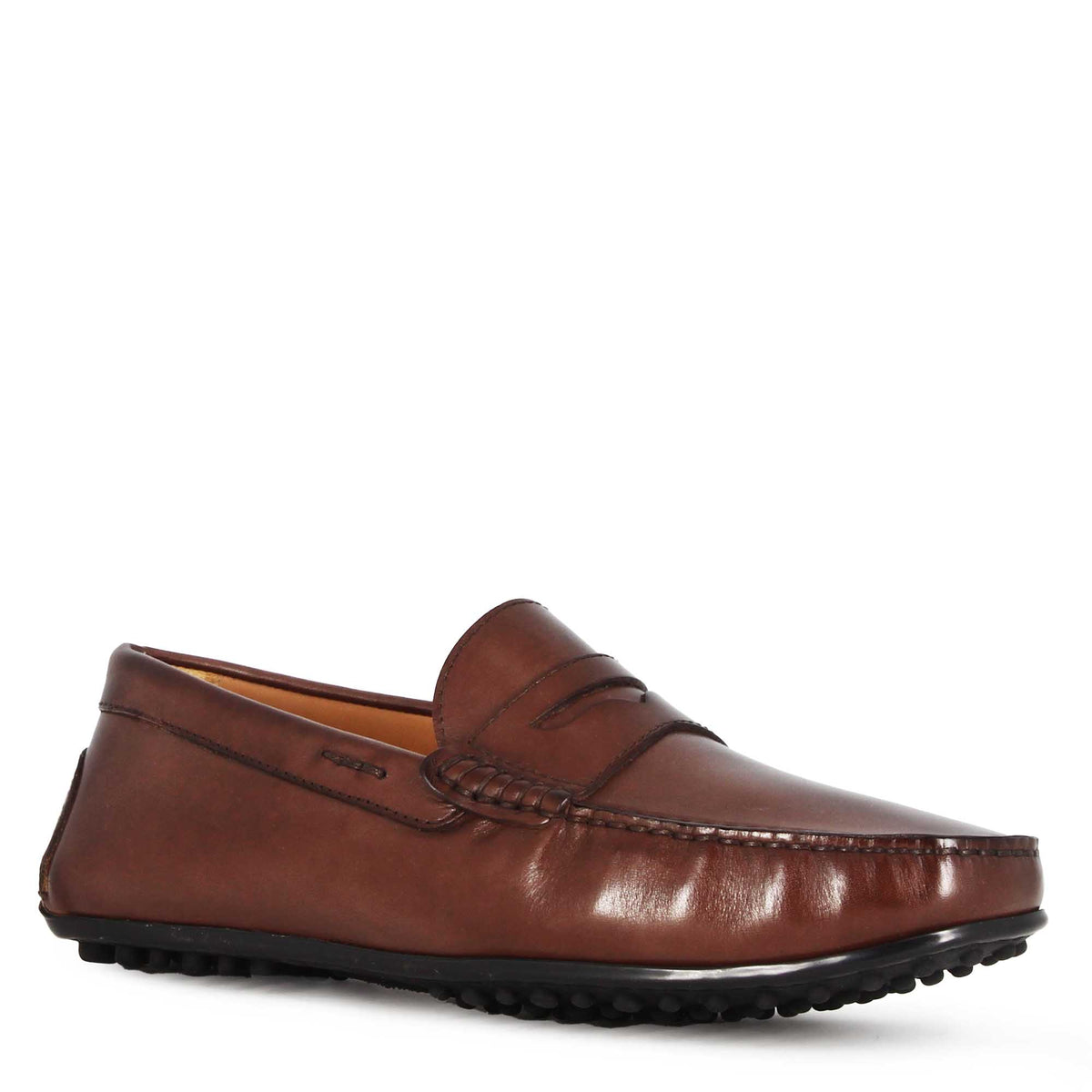 Casual men's moccasin in dark brown leather with rubber pebbled sole