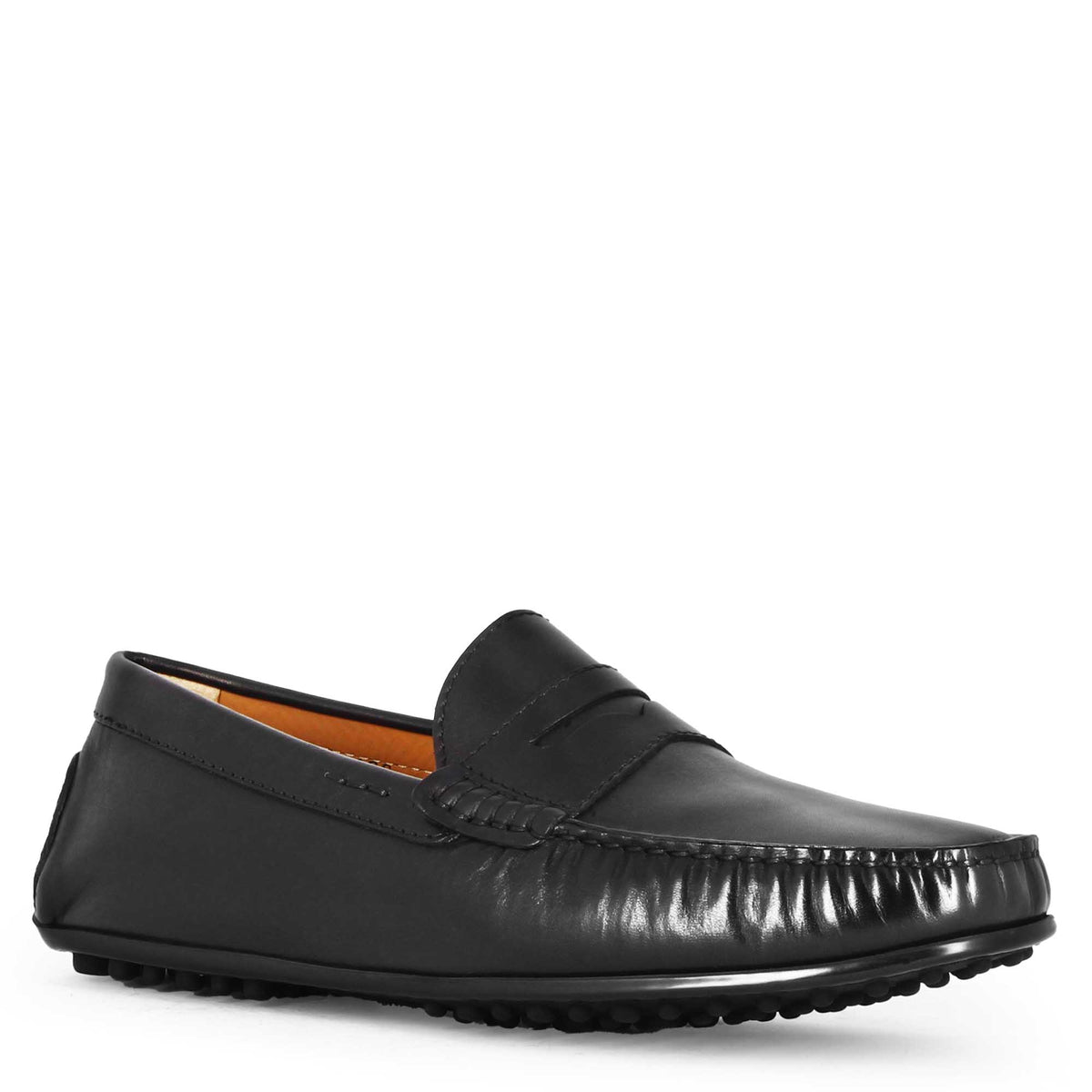 Casual men's moccasin in black leather with rubber pebbled sole