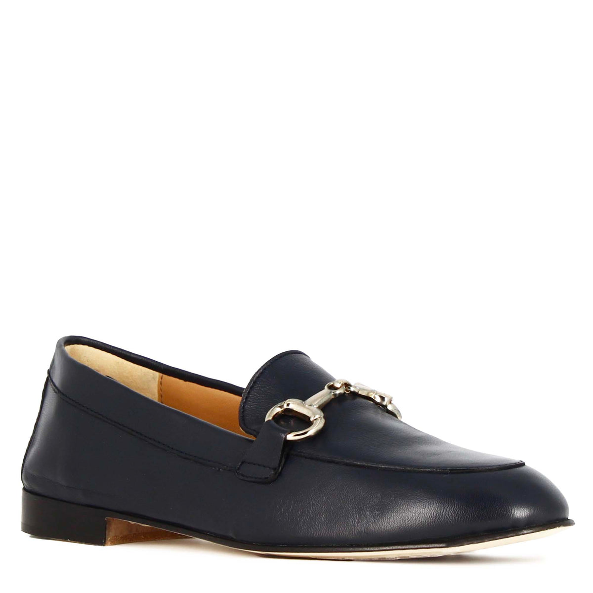 Classic women's moccasin with horsebit in dark blue leather