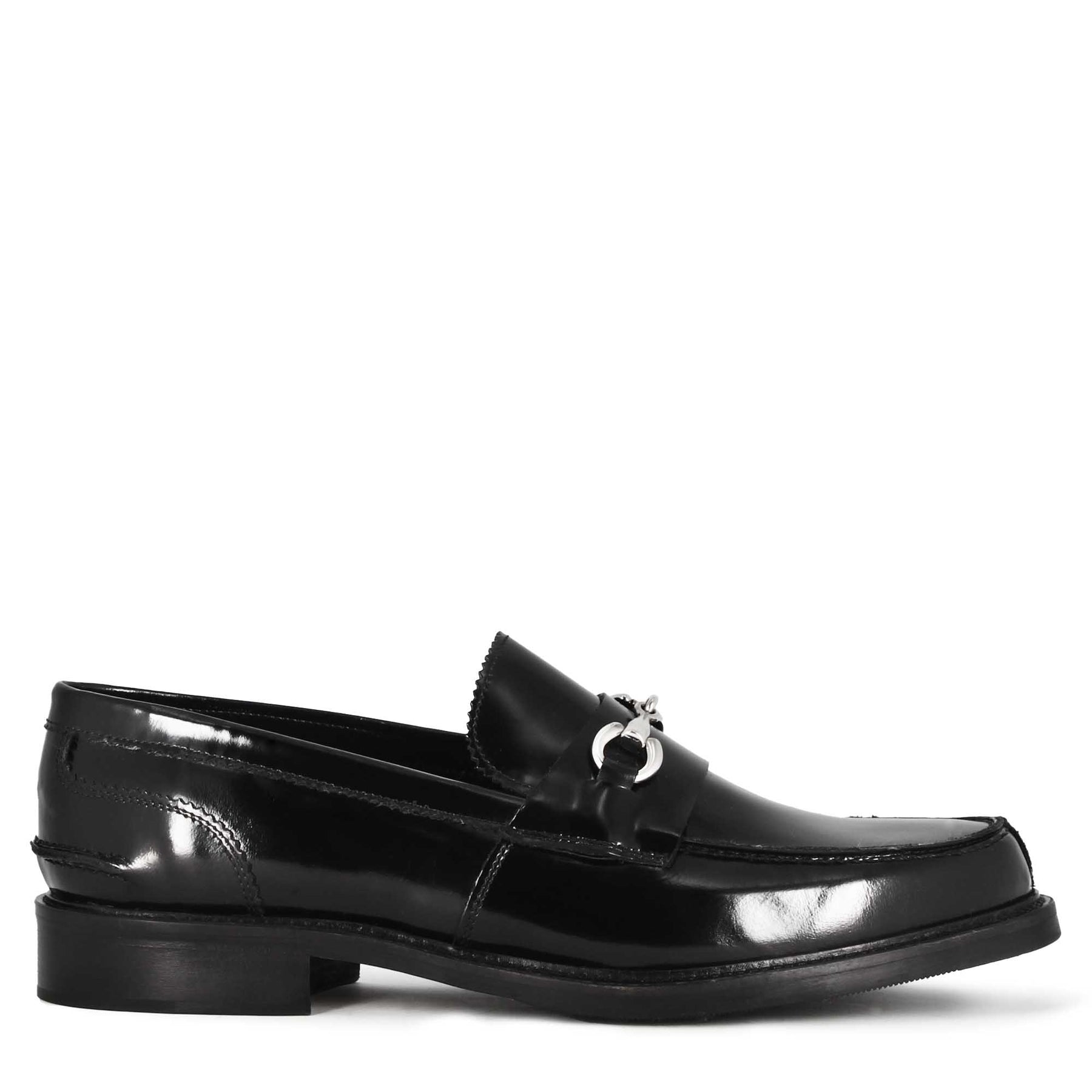Men's moccasin with clamp in shiny black leather