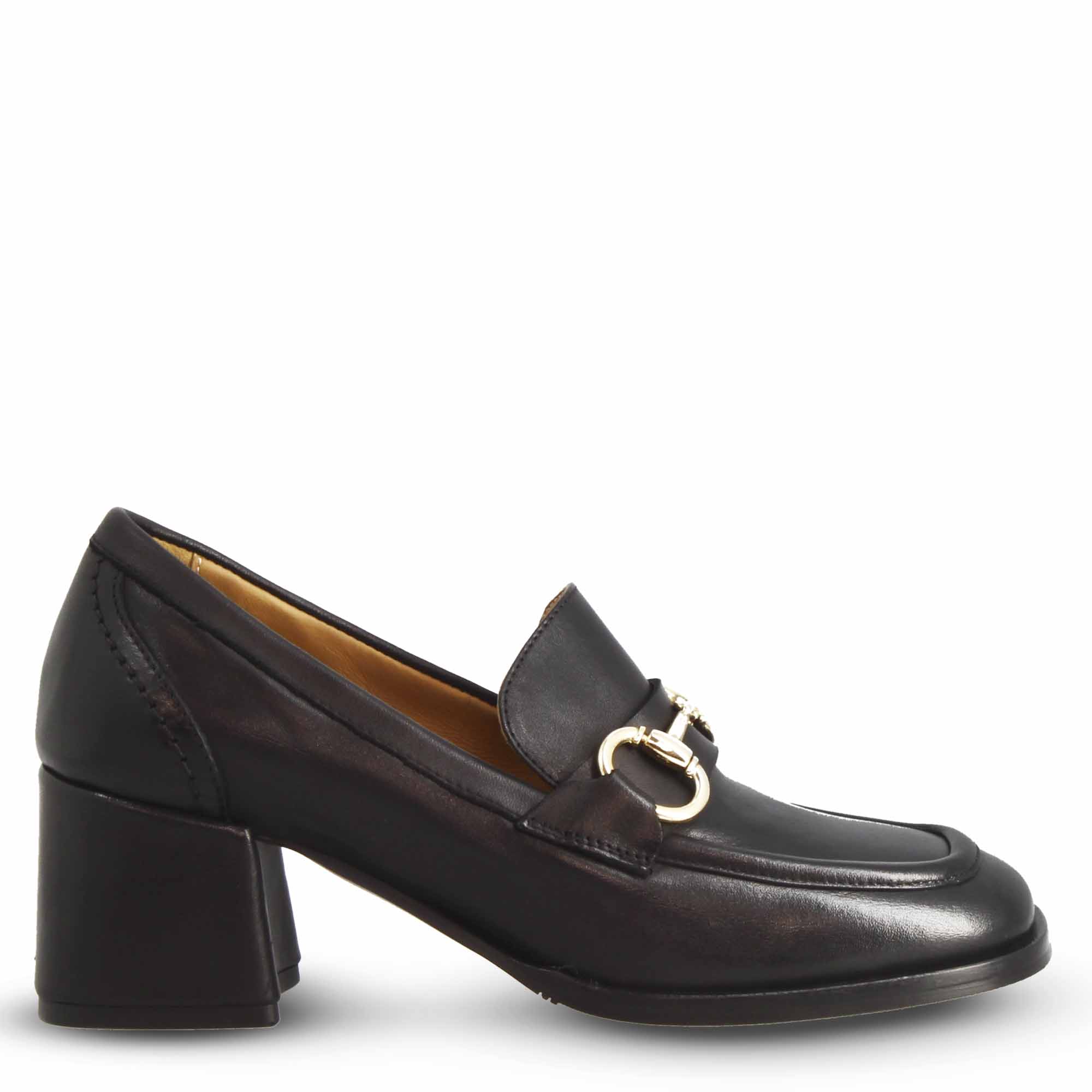 Mocassin femme à talon haut en cuir noir avec mors