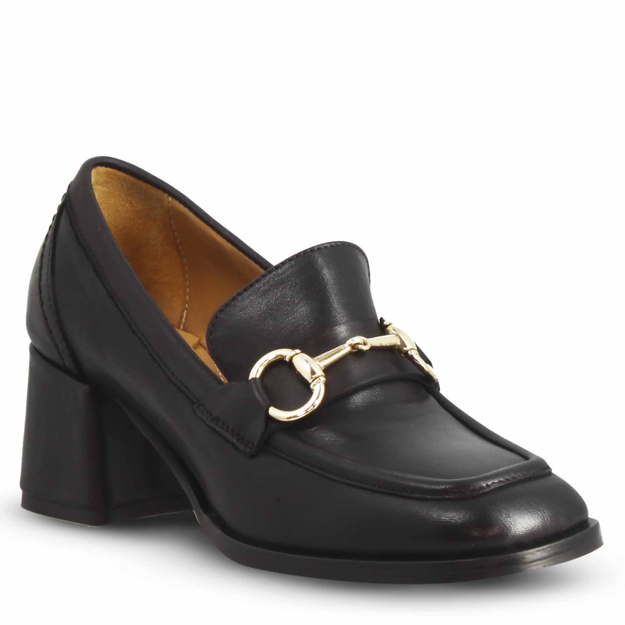 Mocassin femme à talon haut en cuir noir avec mors