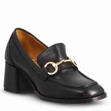 Mocassino tacco alto da donna in pelle colore nero con morsetto - LeonardoShoes