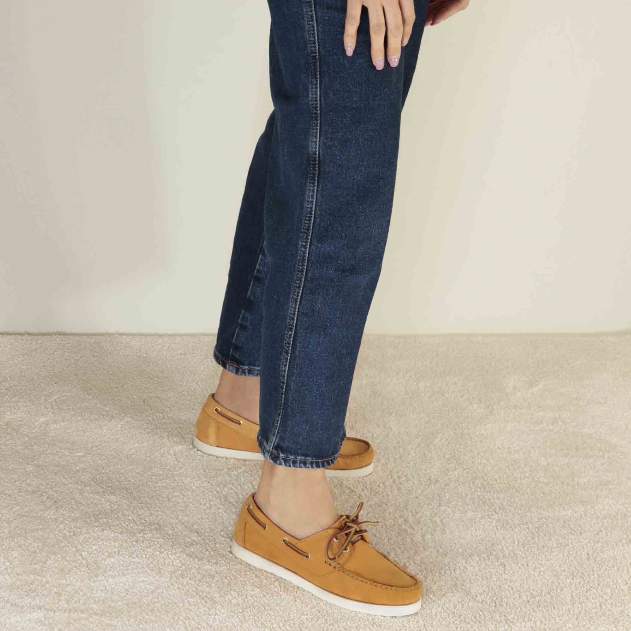 Women's boat moccasin in yellow suede