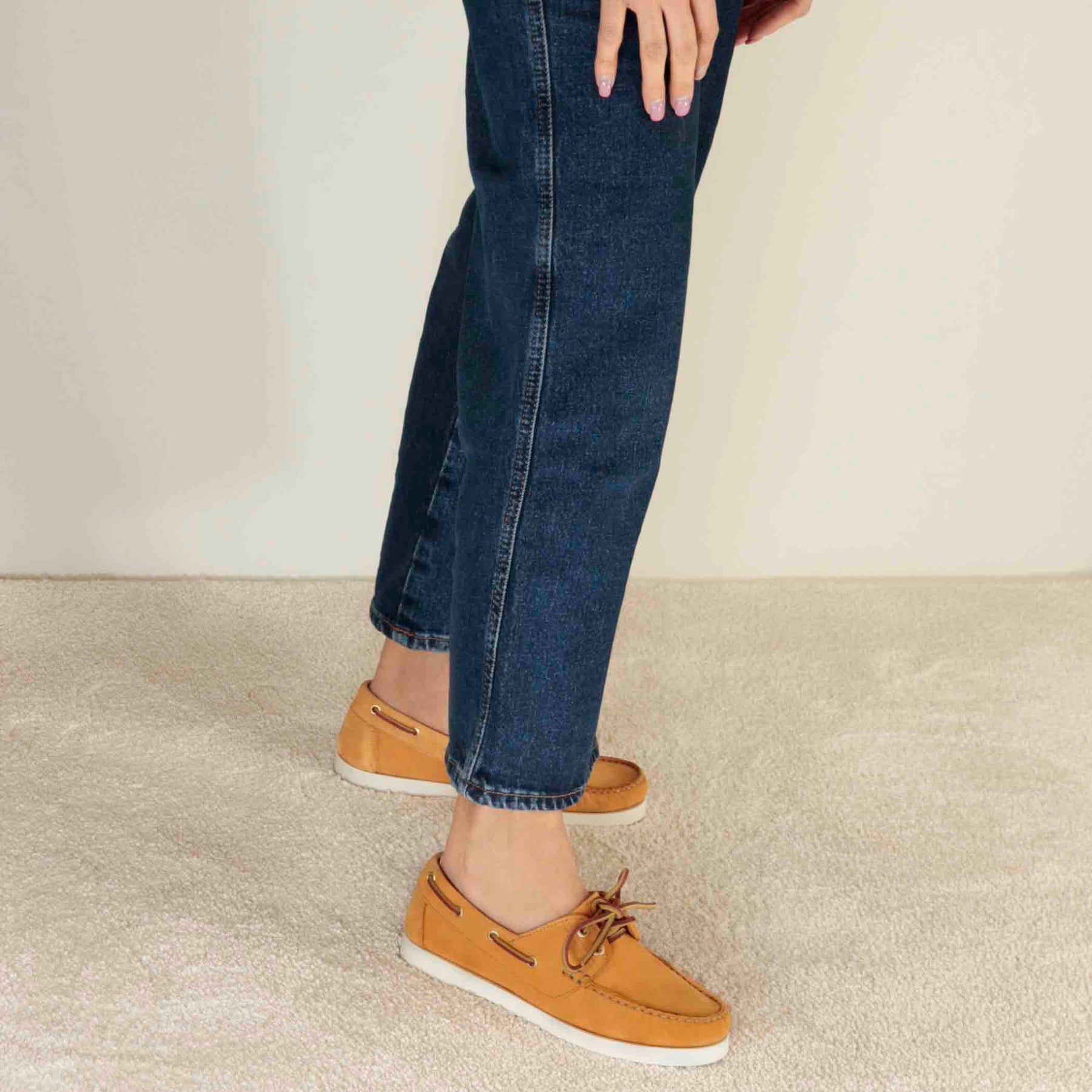 Women s boat moccasin in yellow suede