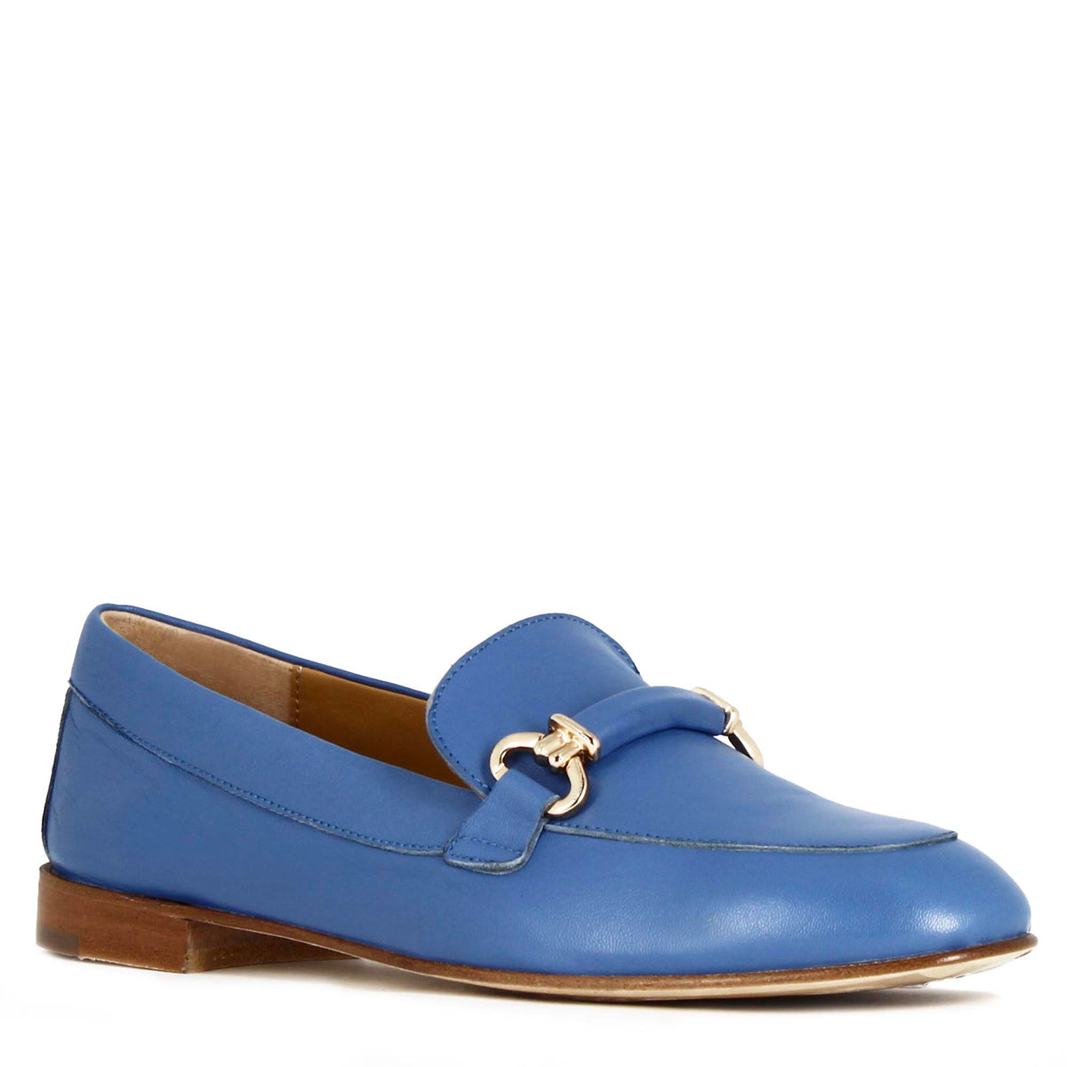 Women's moccasin with clamp and buckle in handmade blue leather
