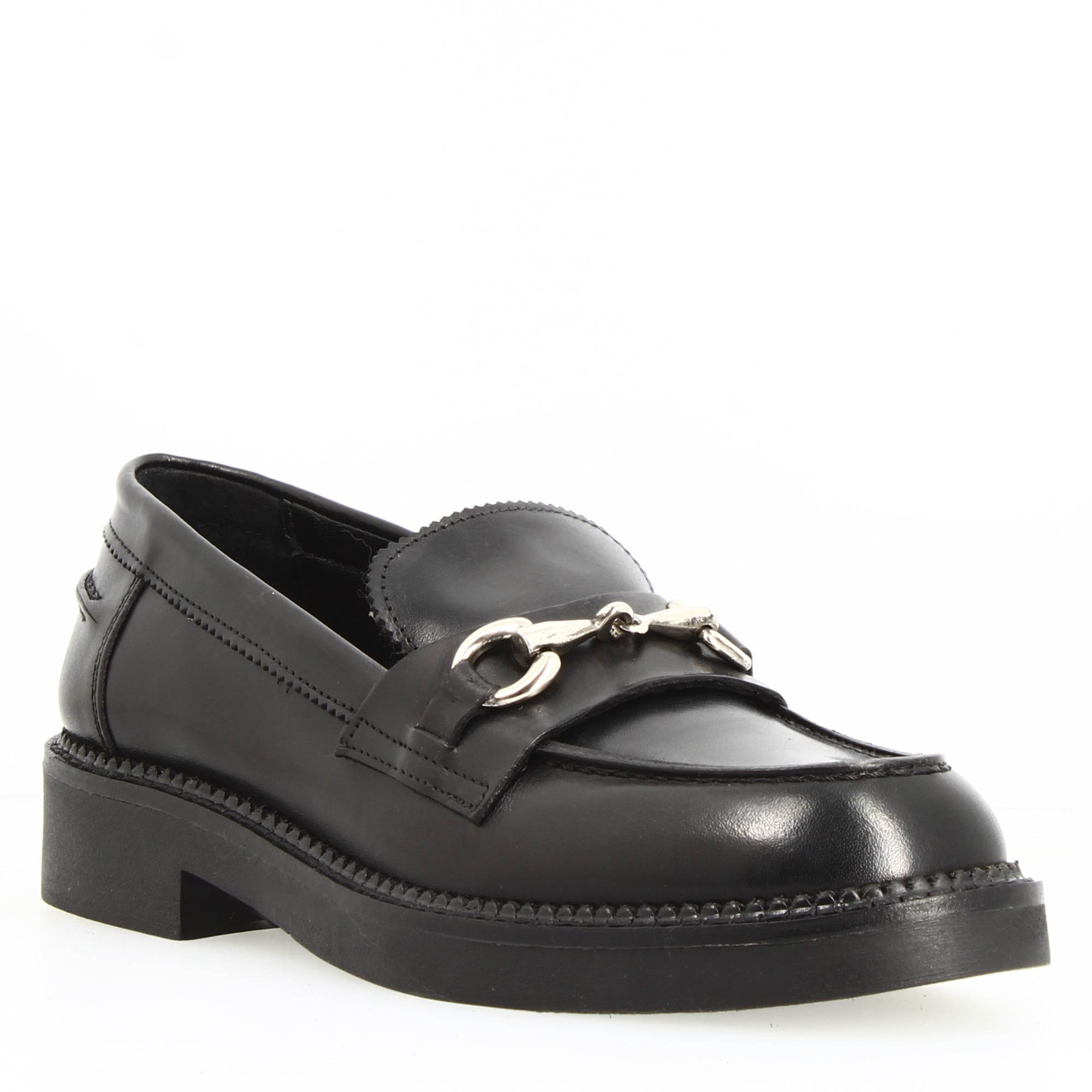 Women's loafer with sturdy black leather sole and buckle
