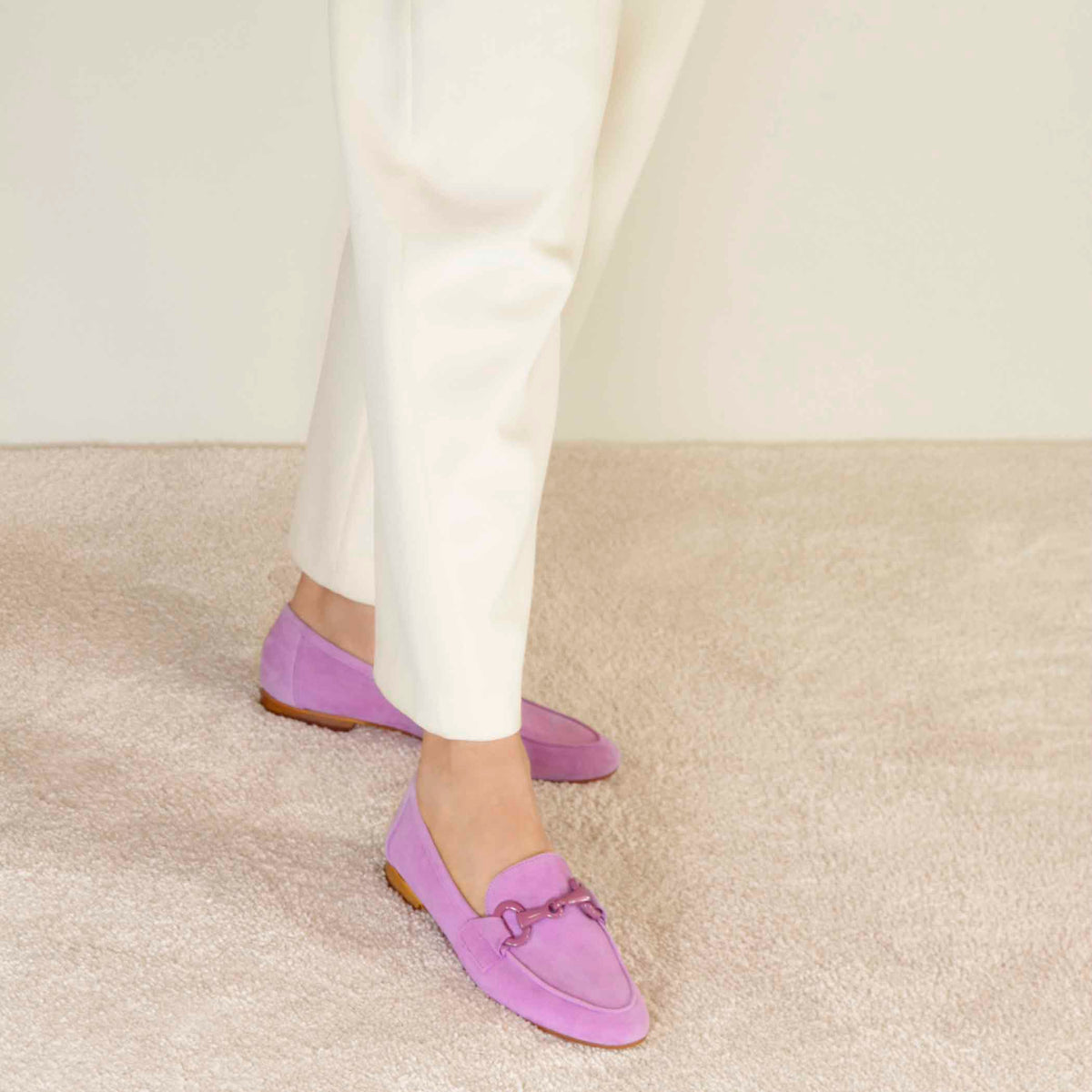 Women's suede moccasin with purple horsebit