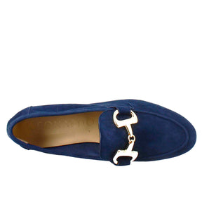 Women's moccasin in blue suede with gold buckle