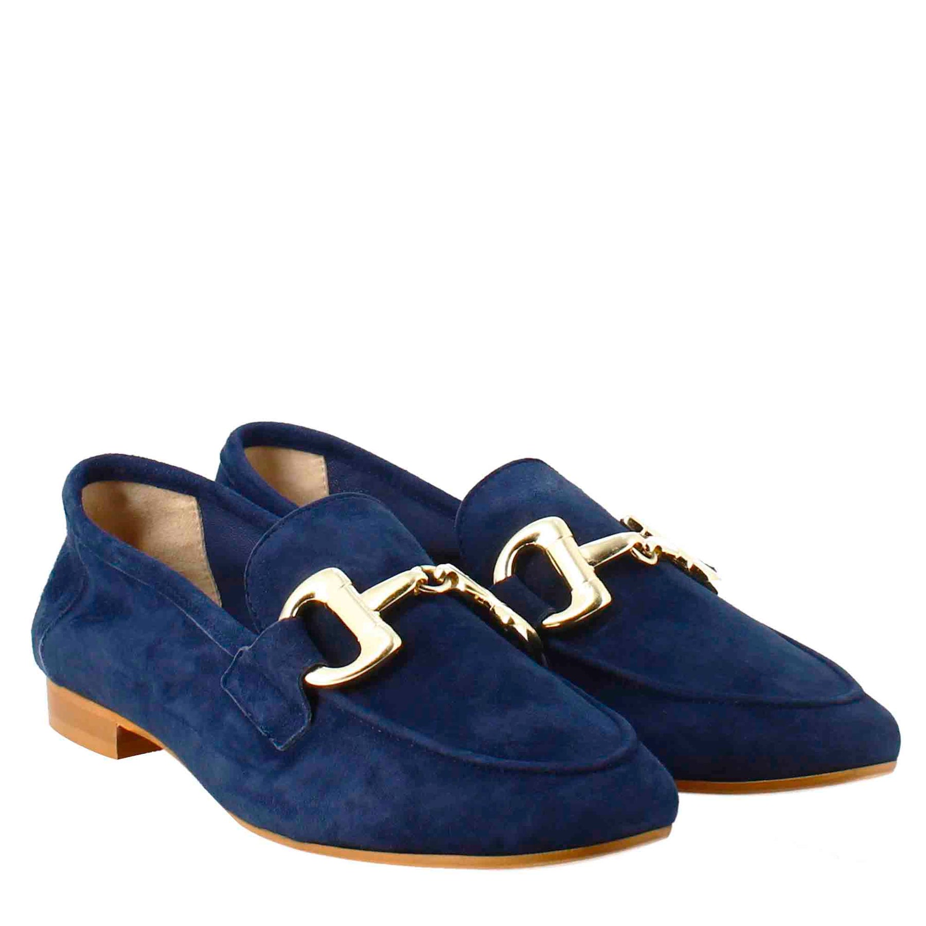 Women's moccasin in blue suede with gold buckle