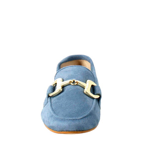 Women's moccasin in light blue suede with gold buckle