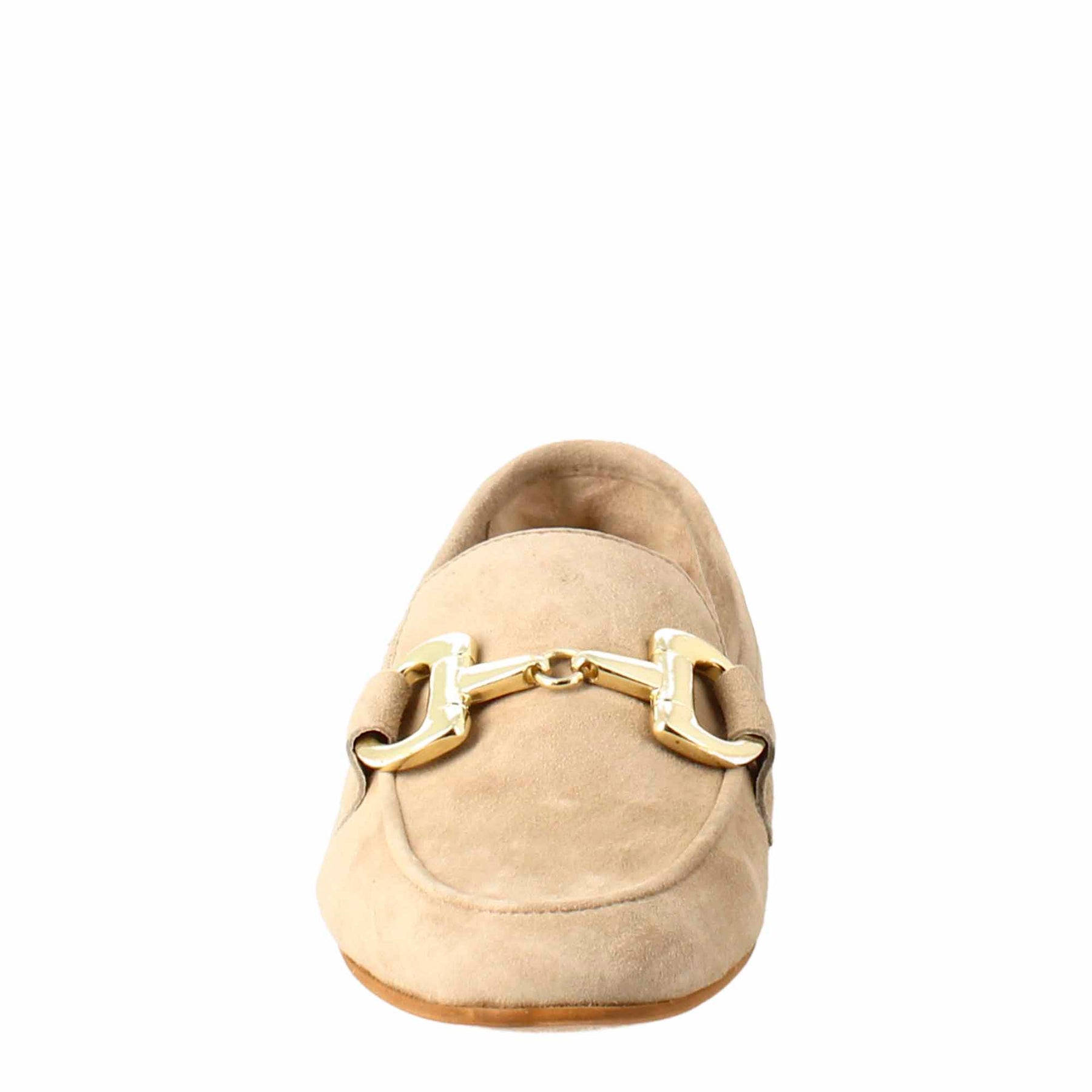 Women's moccasin in taupe suede with gold buckle