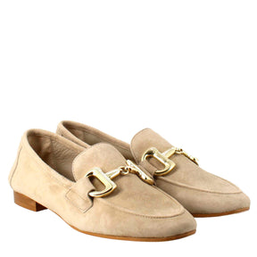 Women's moccasin in taupe suede with gold buckle