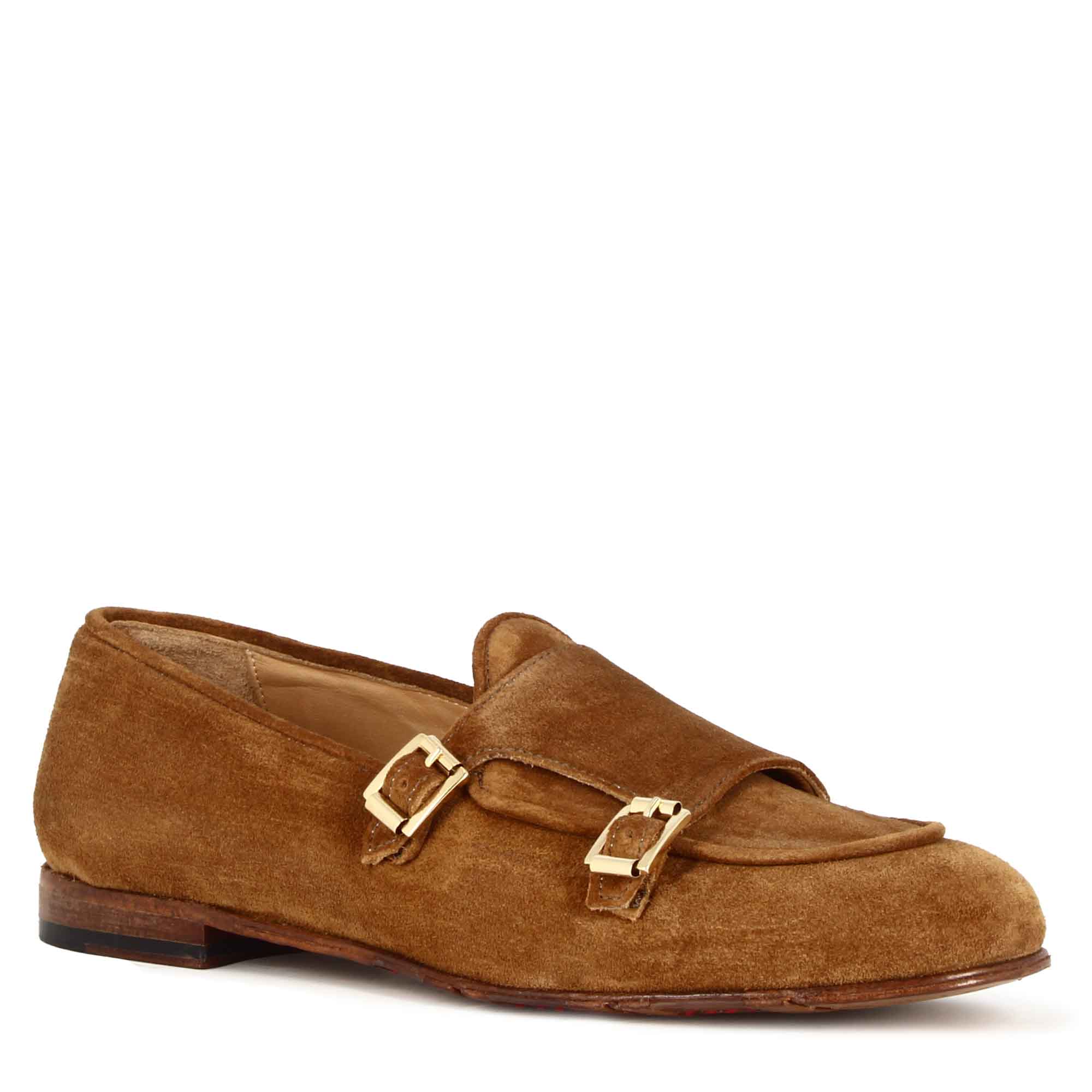 Men's moccasin in light brown suede with double buckle
