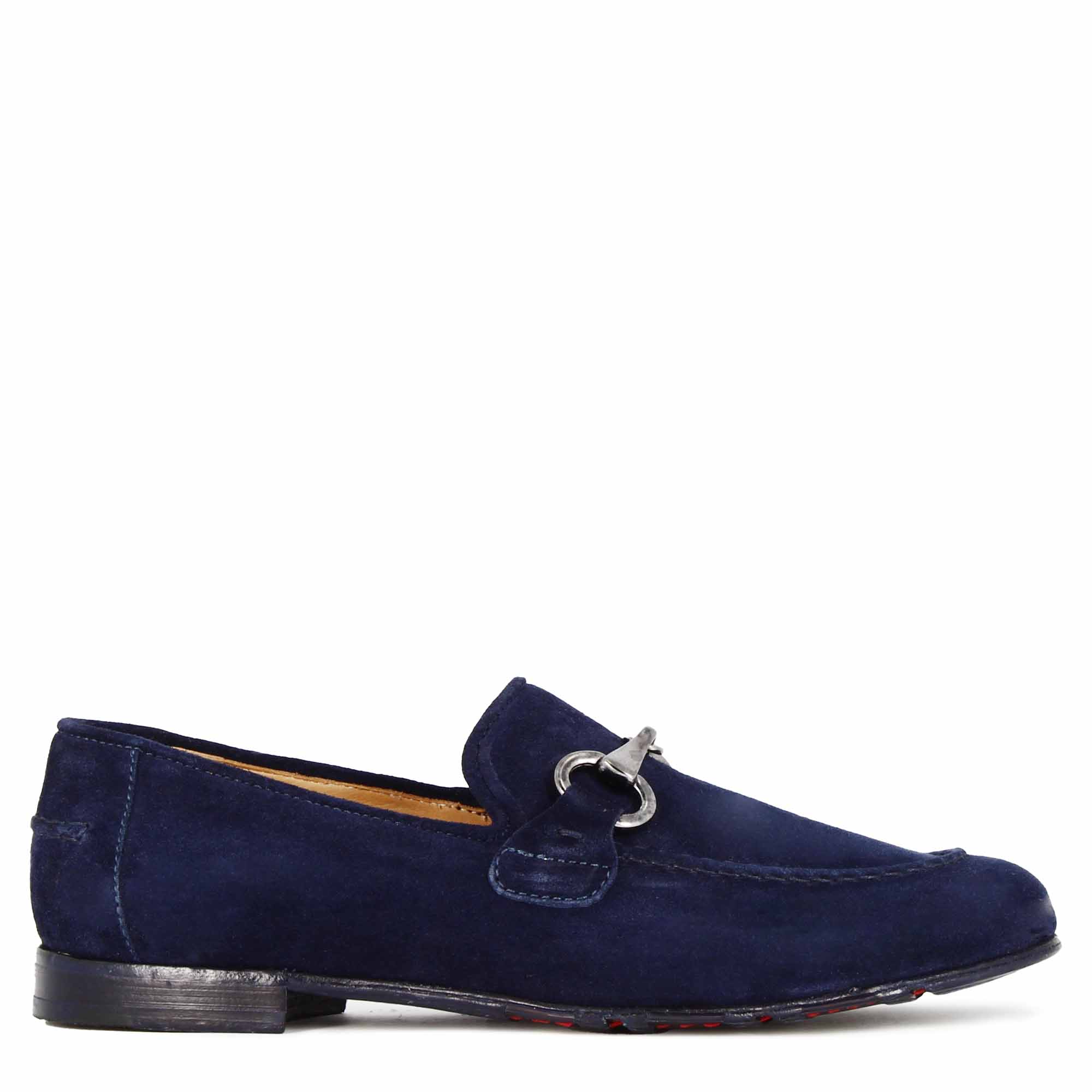 Mocassin pour homme en daim bleu avec pince argentée