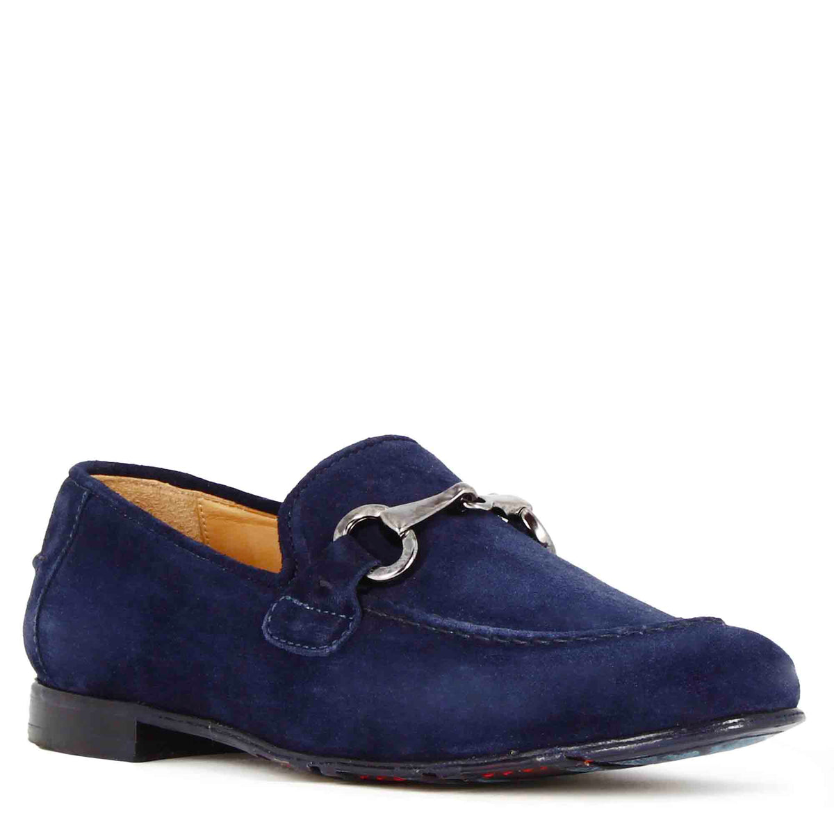 Men's moccasin in blue suede with silver clamp