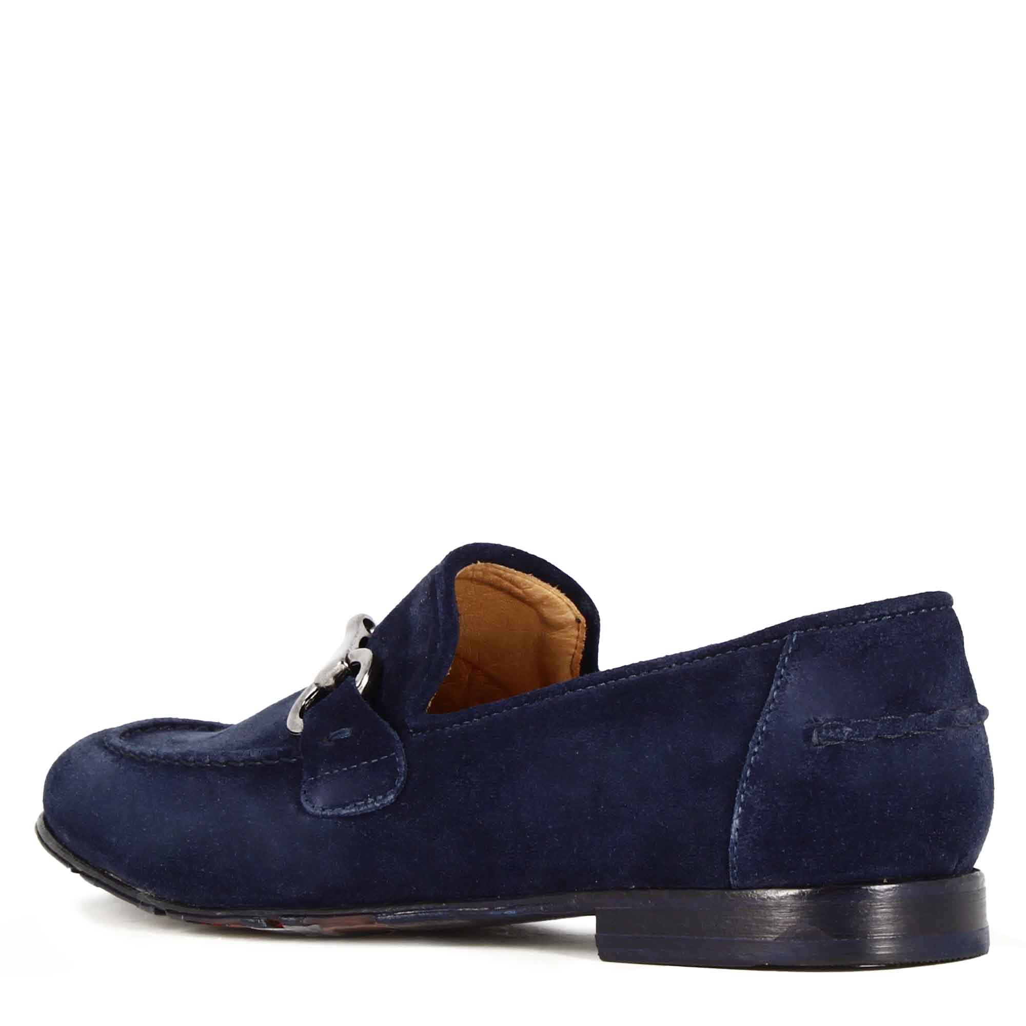 Mocassin pour homme en daim bleu avec pince argentée